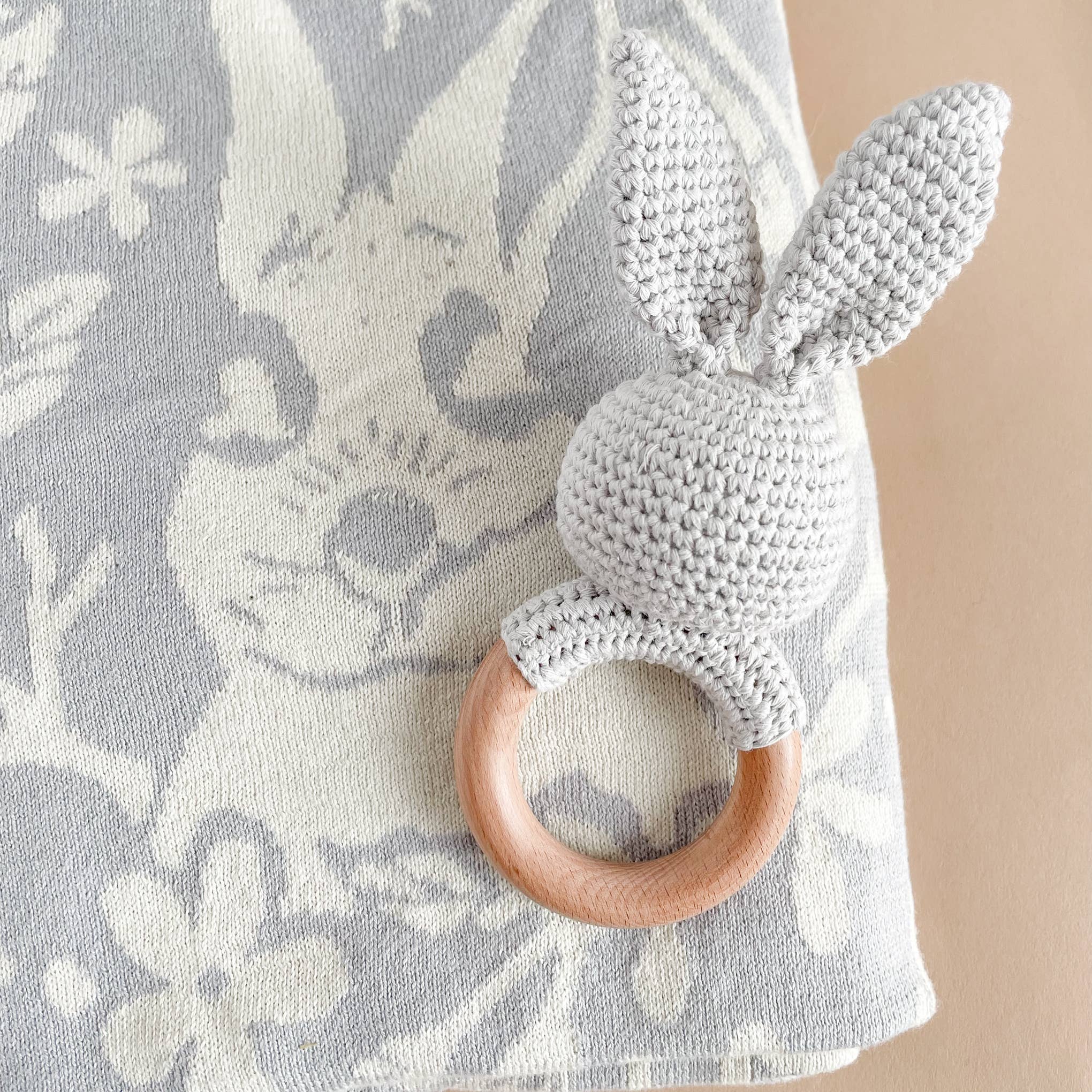 Cotton Rattle Teether Grey Bunny Baby Gift Crochet Spring