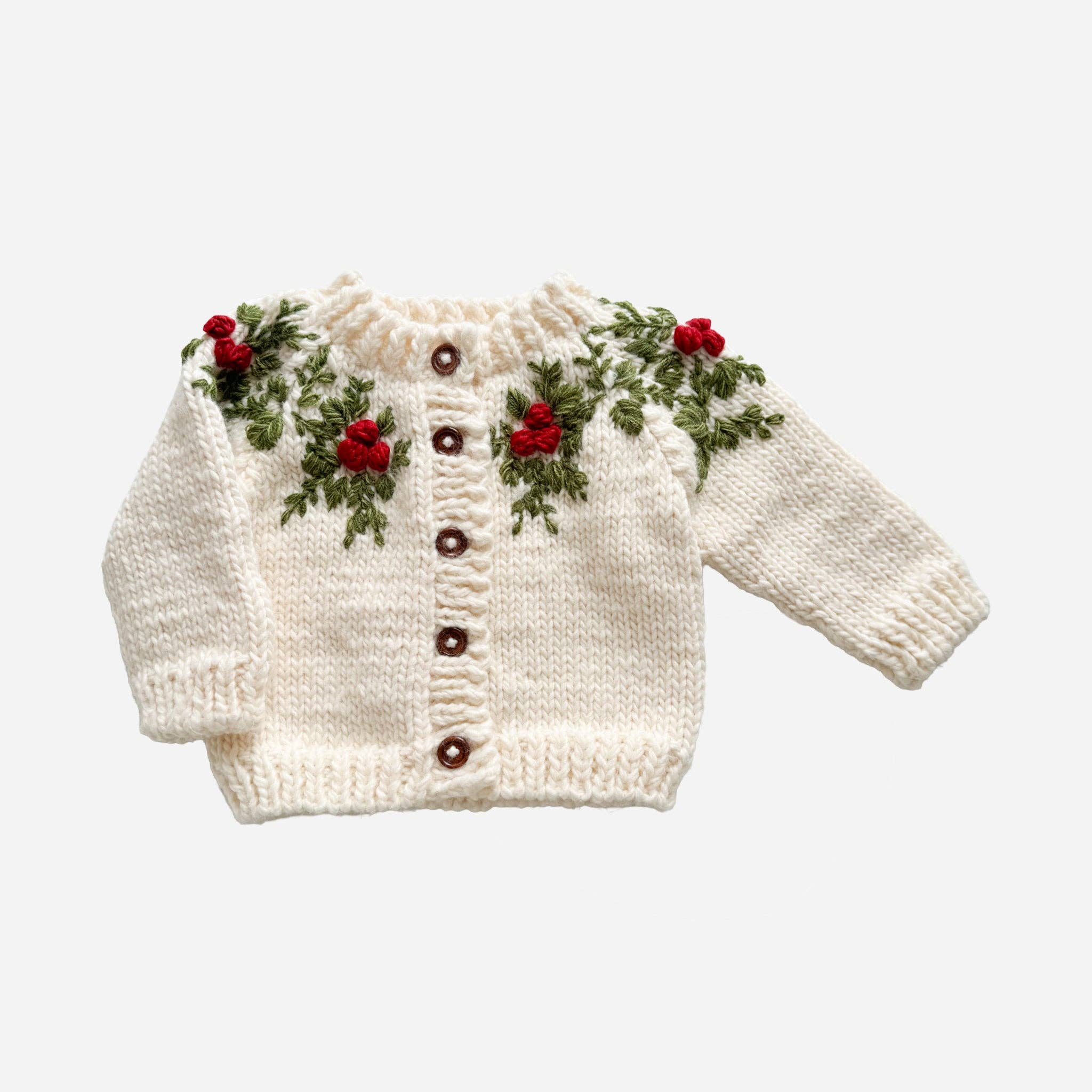 Holly Cardigan Winter Christmas Holiday Berry Mistletoe Gift: Cream / S 12-24m