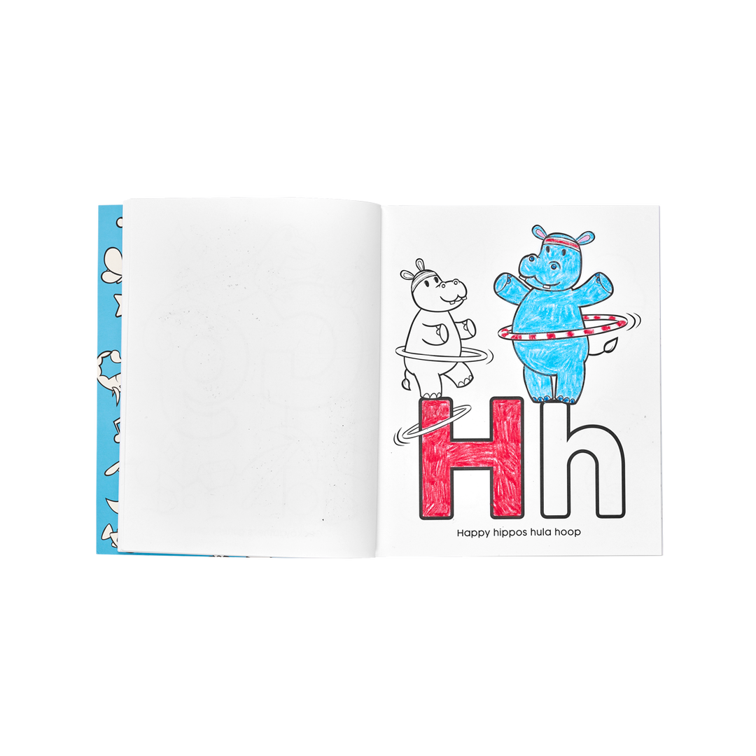 Colored-in pages from the OOLY ABC Amazing Animals toddler coloring book