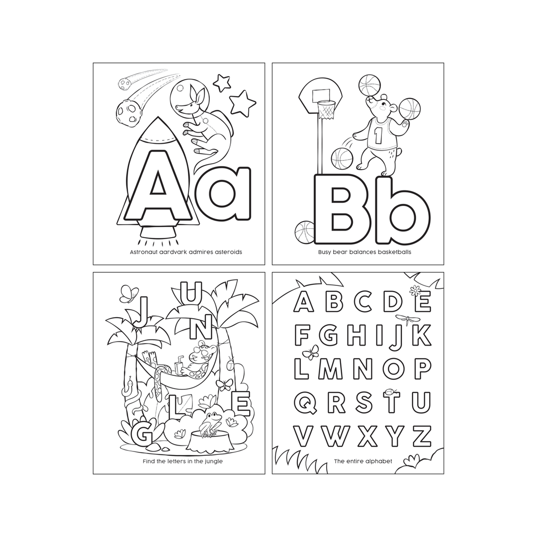 Inside pages of the OOLY ABC Amazing Animals coloring book with alphabet animals