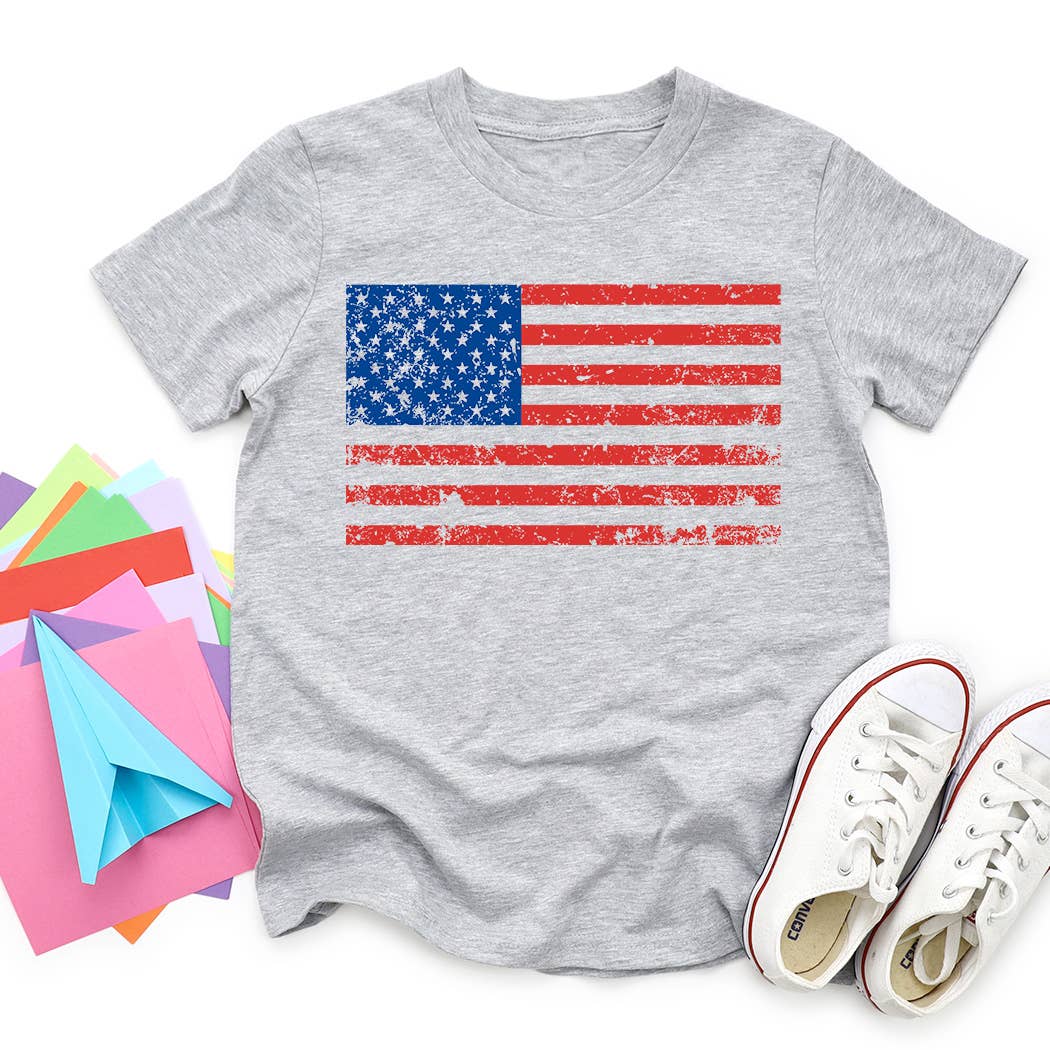 Distressed American Flag Graphic Tee: White / YXL