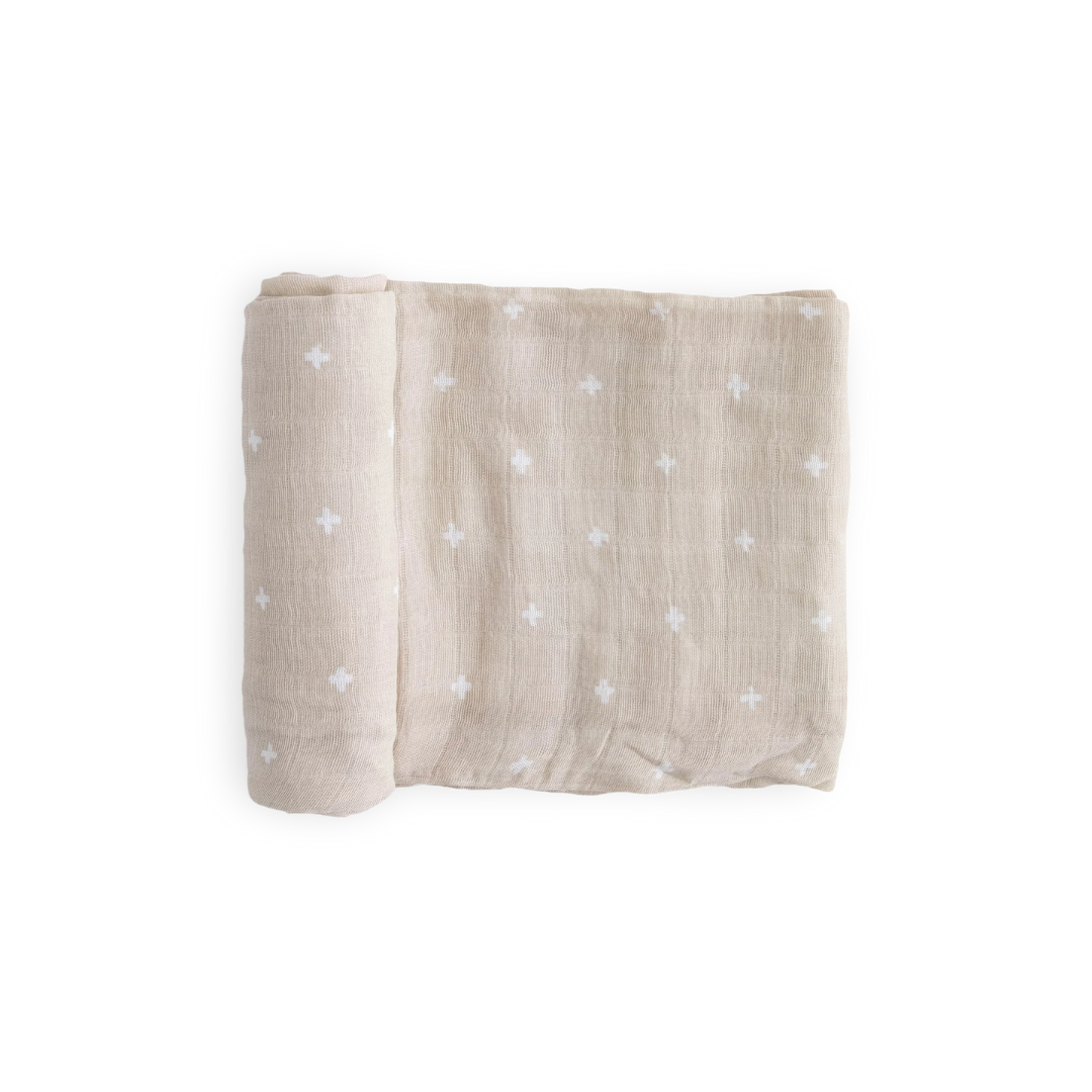 Cotton Muslin Swaddle Taupe Cross