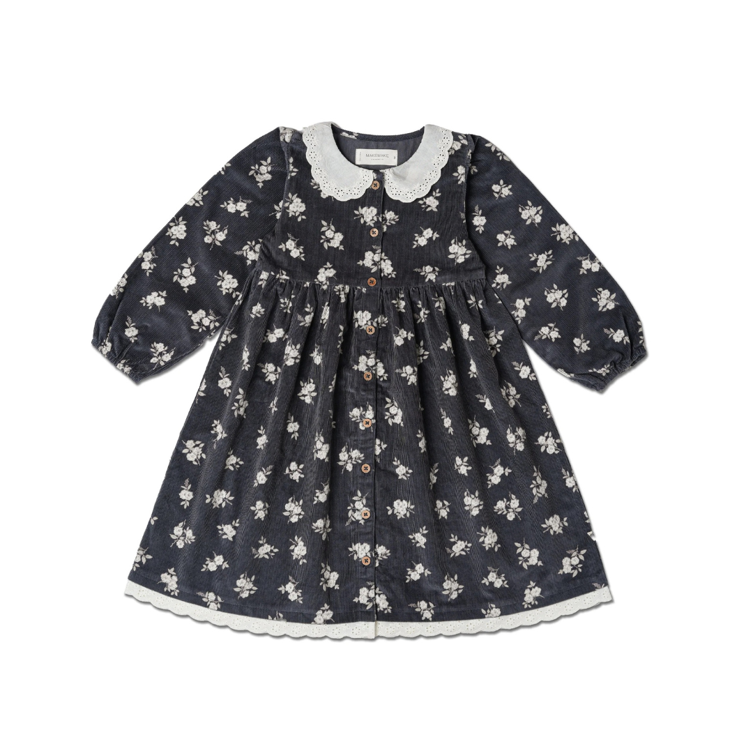 Navy Bloom Corduroy Collared Button Dress