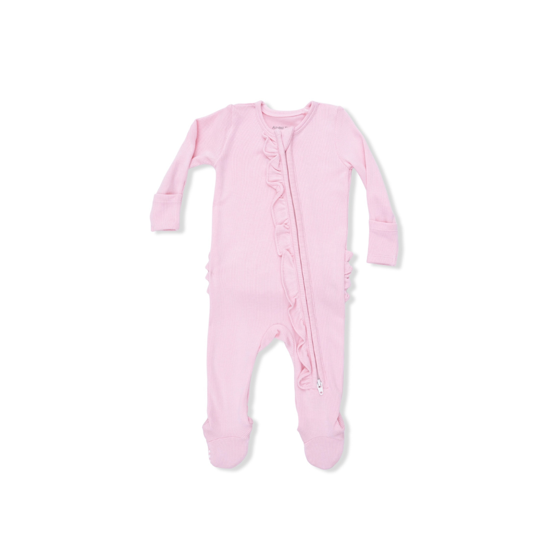 Romance Rose Rib - 2 Way Ruffle Front Zipper Footie