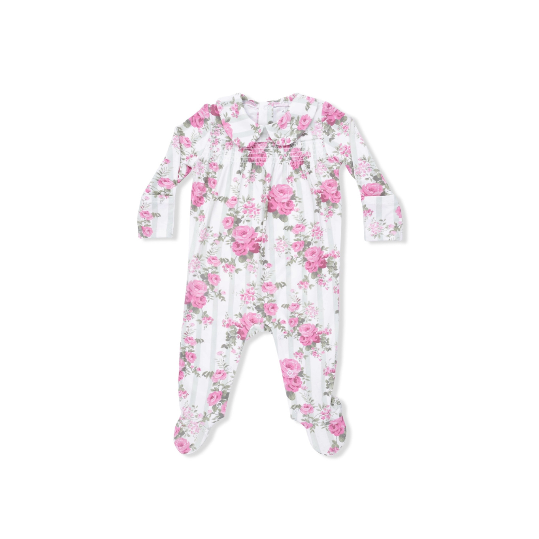 Cabbage Rose Stripe Smocked Peter Pan Snap Footie