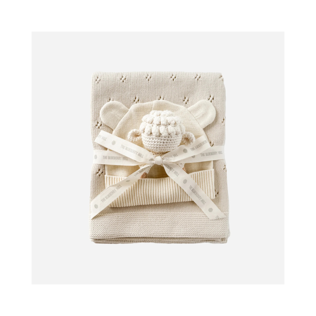 Pique Blanket, Hat & Lamb Rattle  Gift Cream