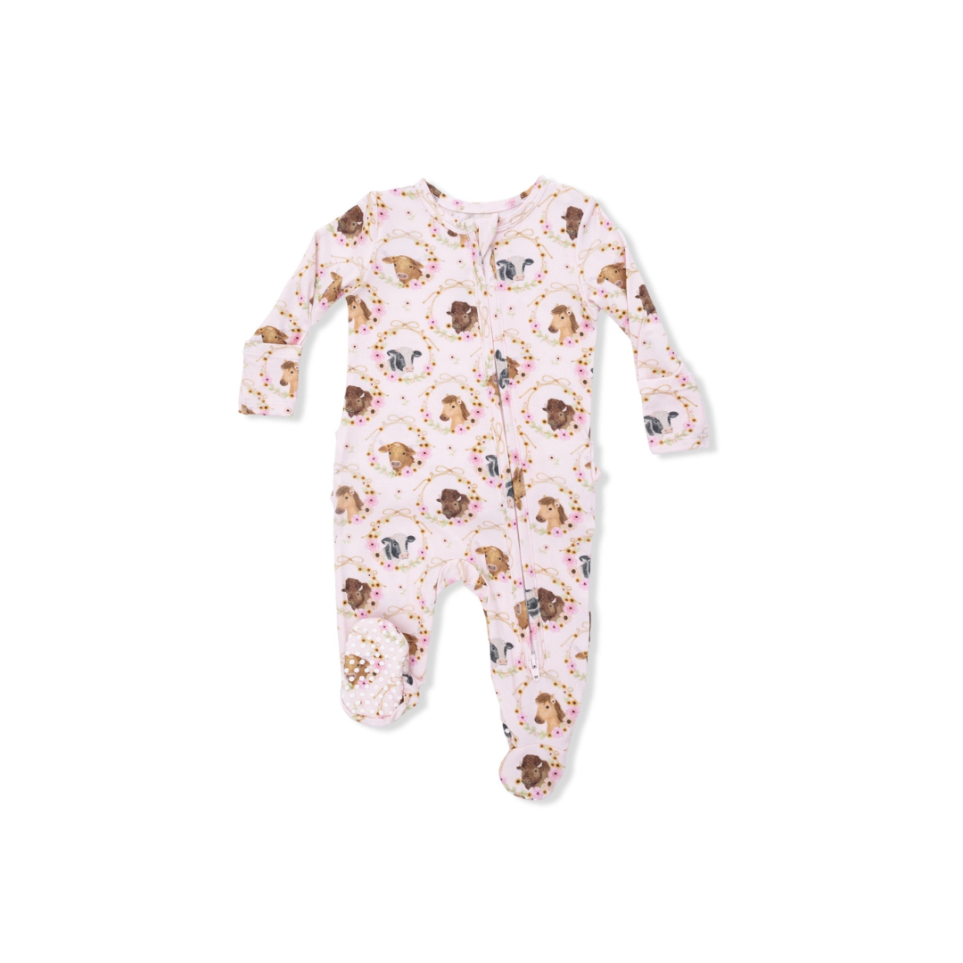 Farm Animals Floral Cameos Pink 2 Way Ruffle Back Zipper Footie