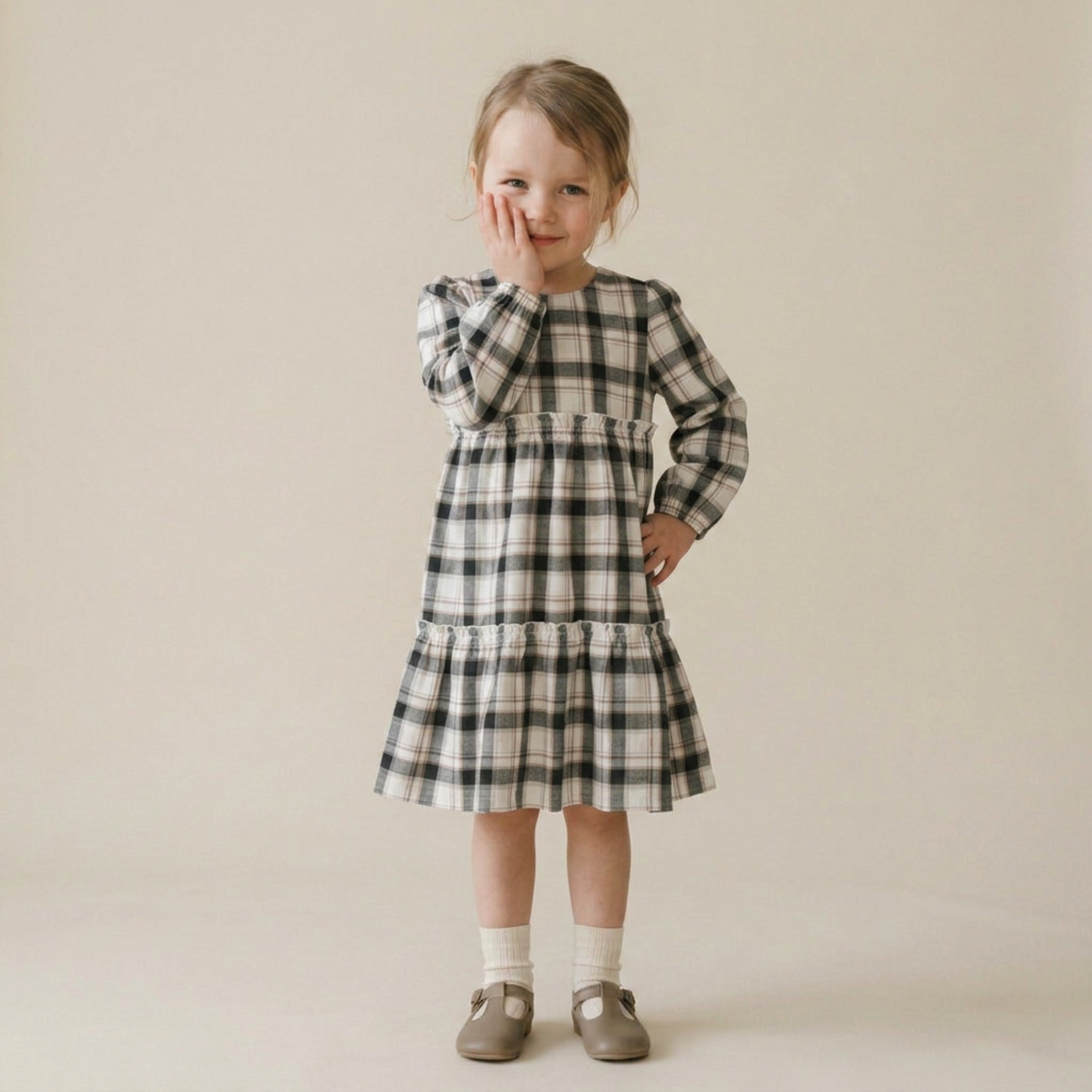 Plaid Checks Long Sleeve Tiered Dress