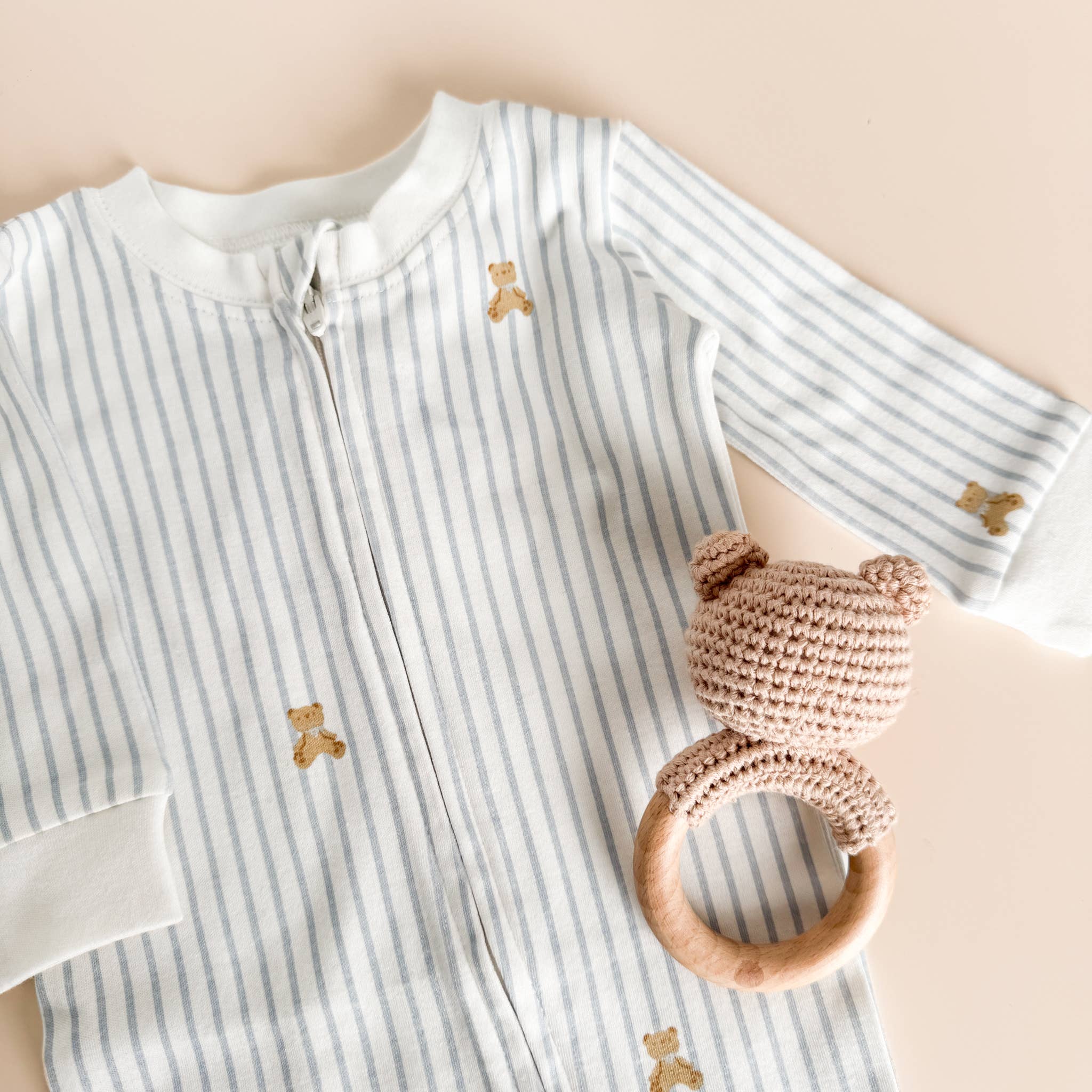 Layette Long Sleeve Zipper Romper Teddy Bear Baby Boy Outfit: Blue / 3-6m