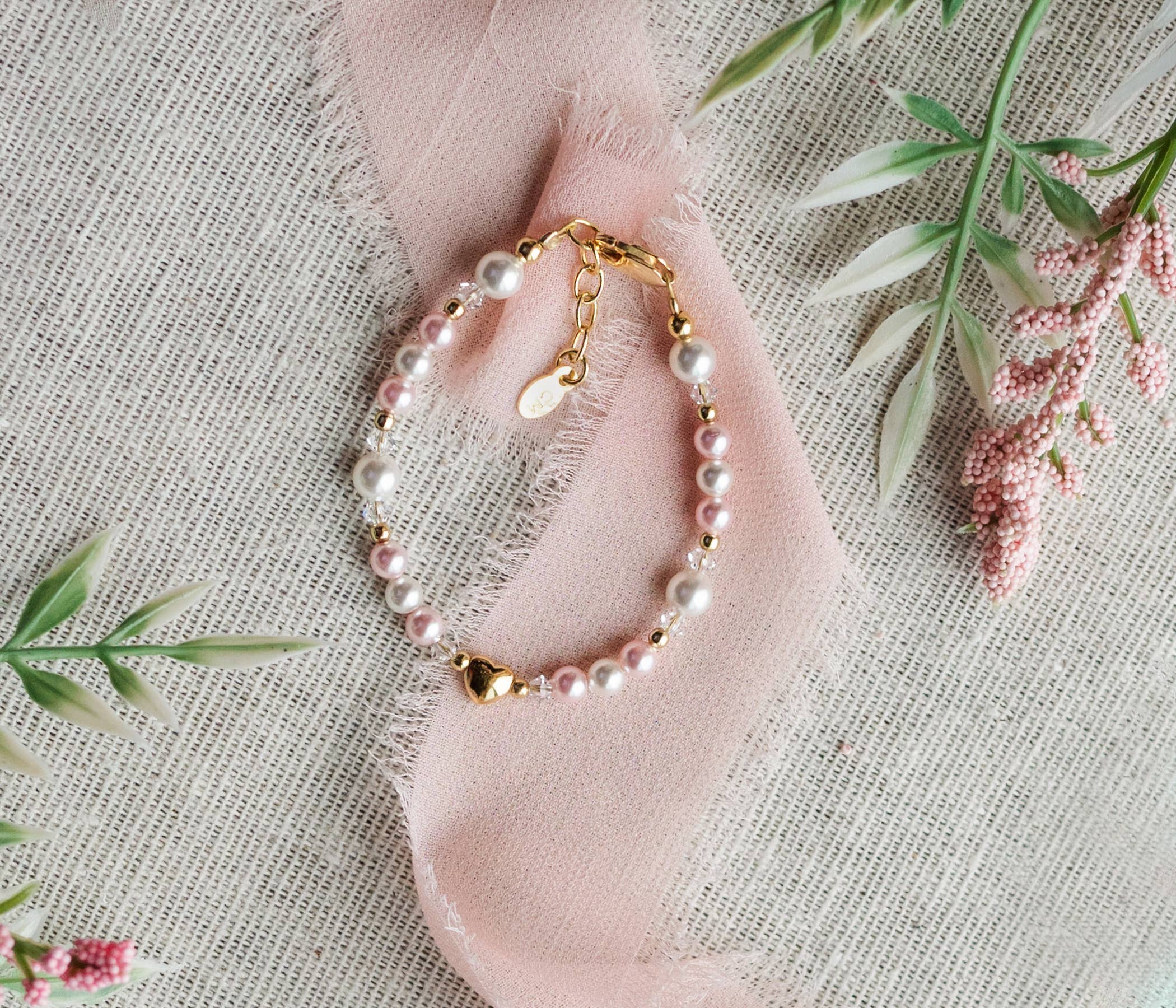 Girls 14K Gold-Plated Pink Pearl Baby & Child Heart Bracelet: Medium 1-5 Years