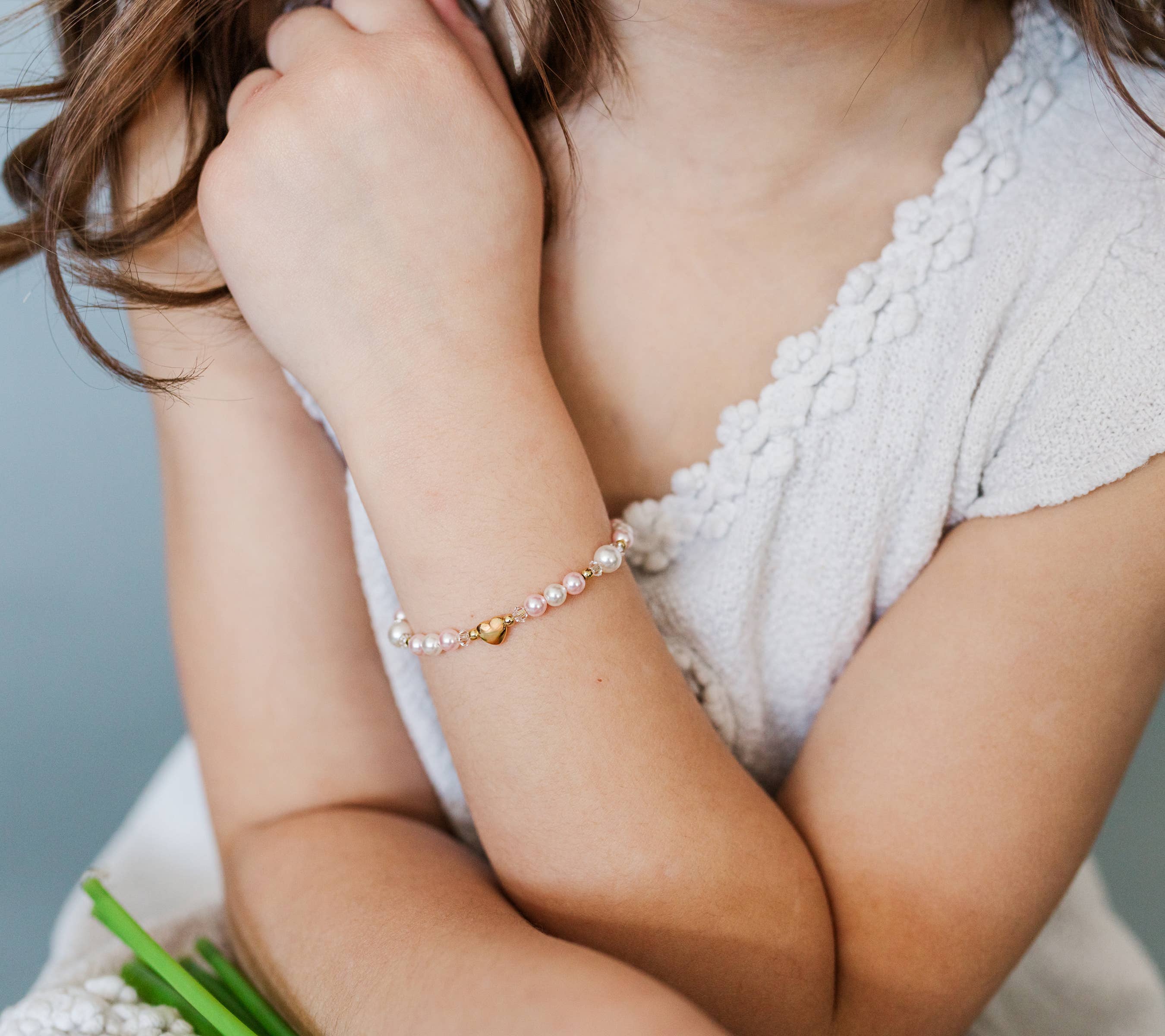 Girls 14K Gold-Plated Pink Pearl Baby & Child Heart Bracelet: Large 6-12 Years