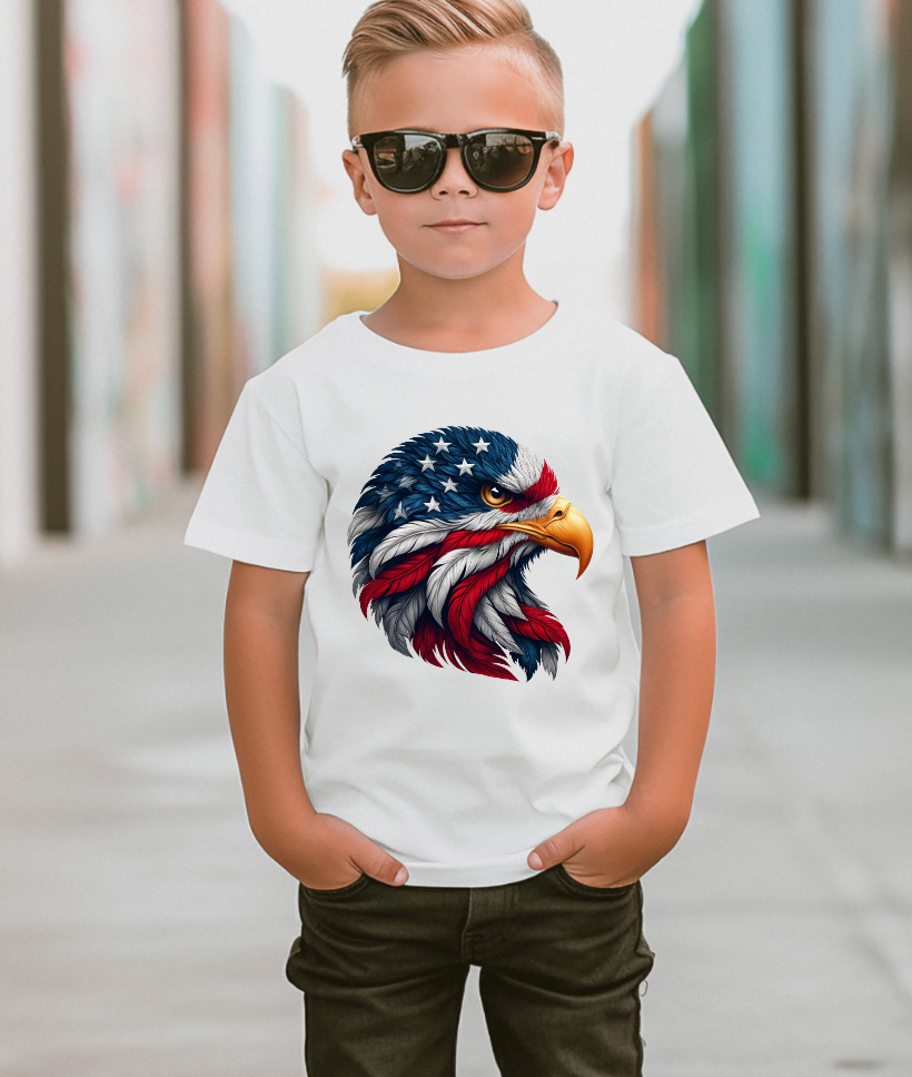 Bald Eagle 4th of July, American Flag Kids Tee Shirt: Silver / S / Short Sleeves