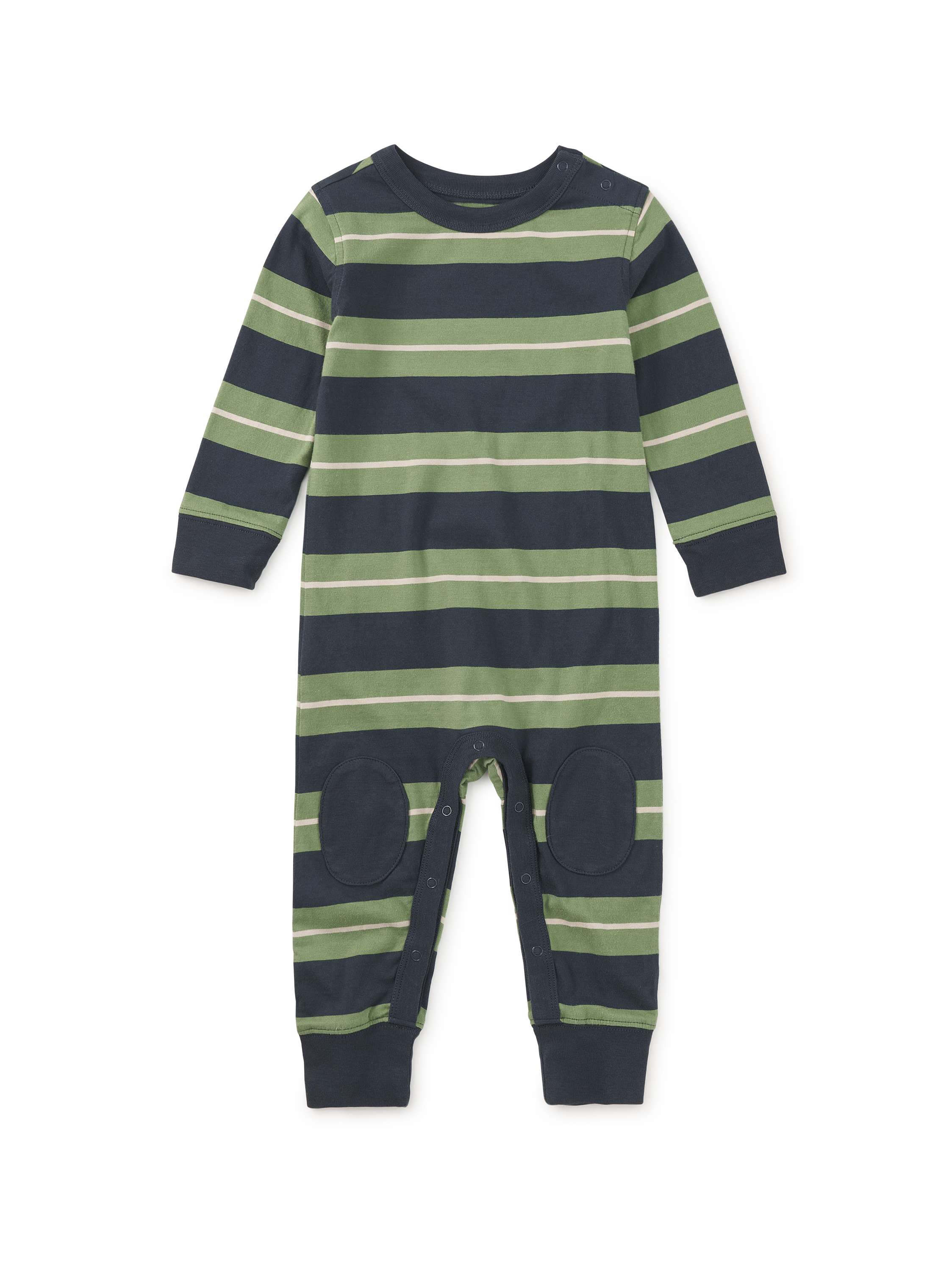 Indigo Stripe Knee Patch Baby Romper — main product photo