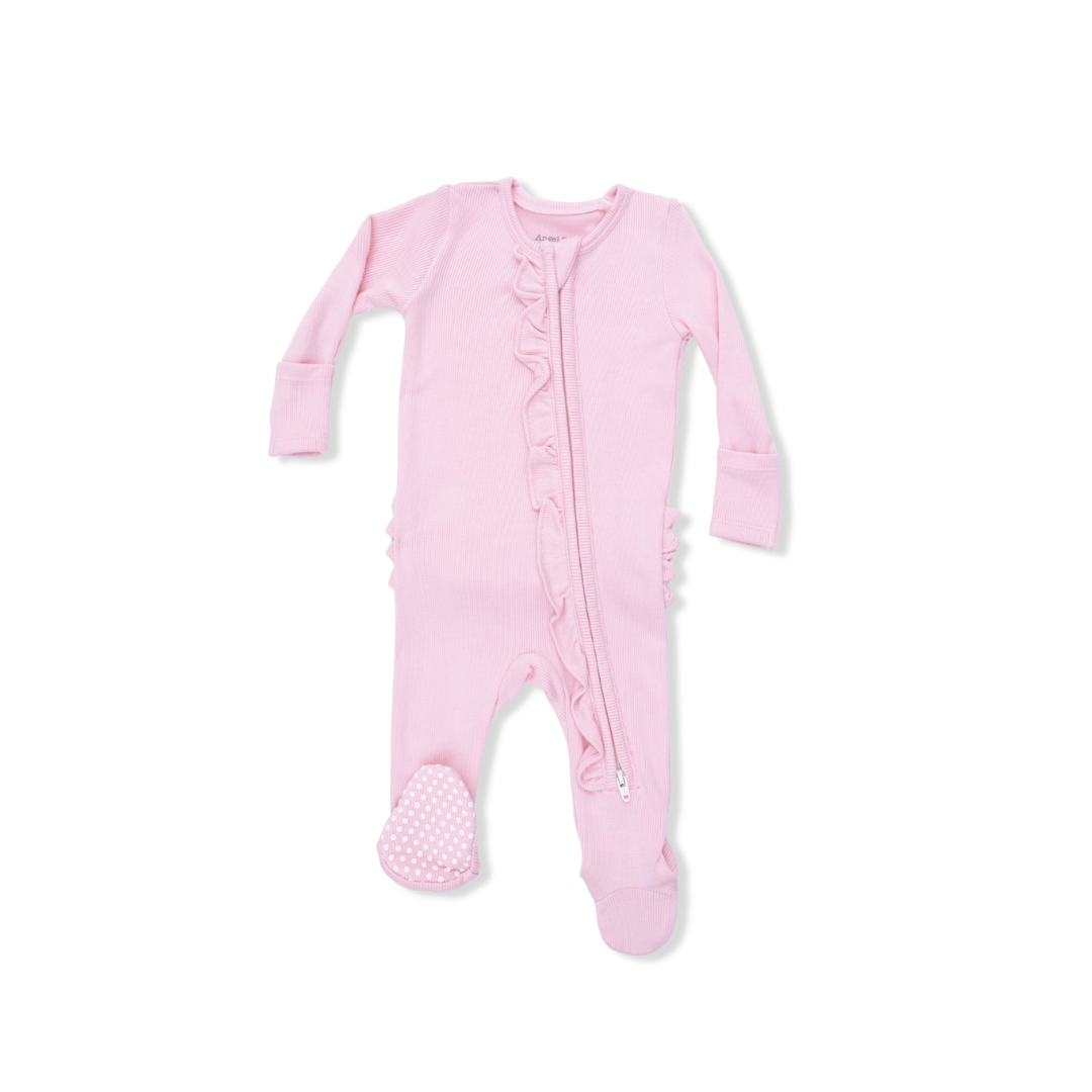Romance Rose Rib - 2 Way Ruffle Front Zipper Footie