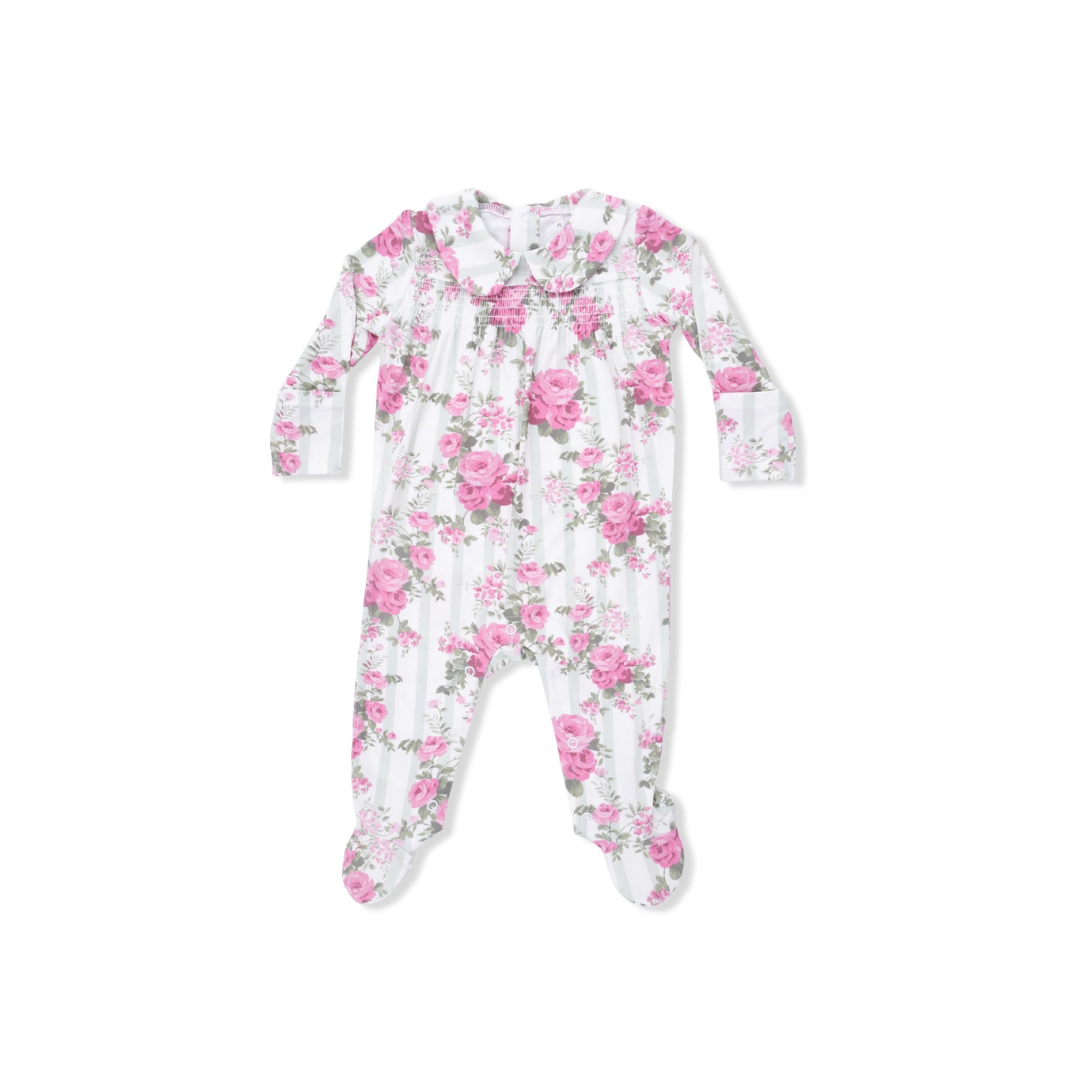 Cabbage Rose Stripe Smocked Peter Pan Snap Footie