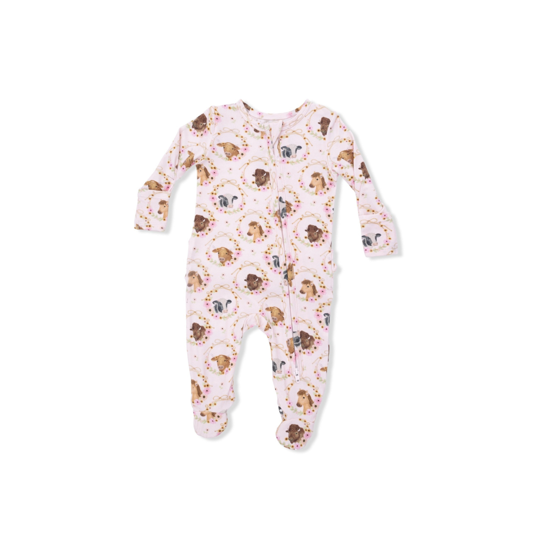 Farm Animals Floral Cameos Pink 2 Way Ruffle Back Zipper Footie