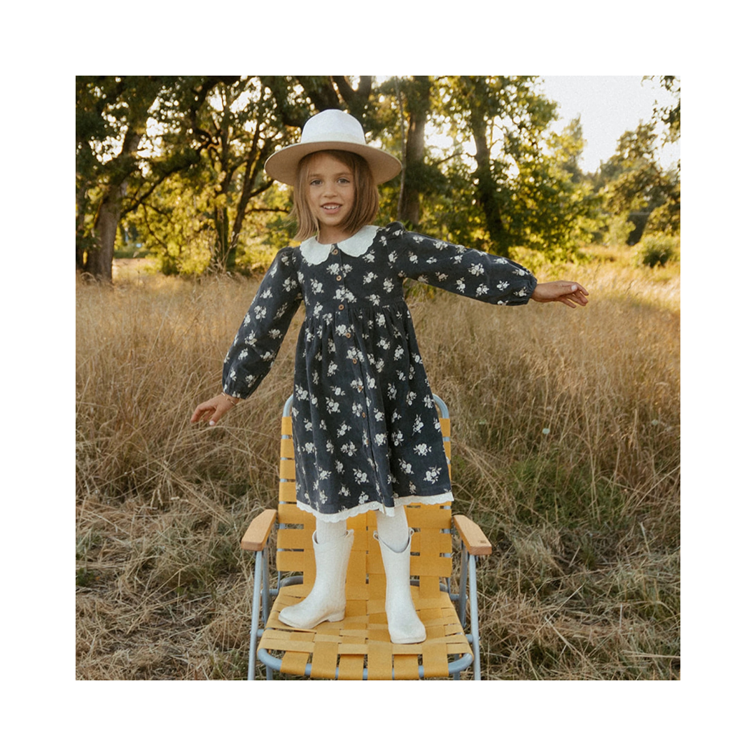 Navy Bloom Corduroy Collared Button Dress