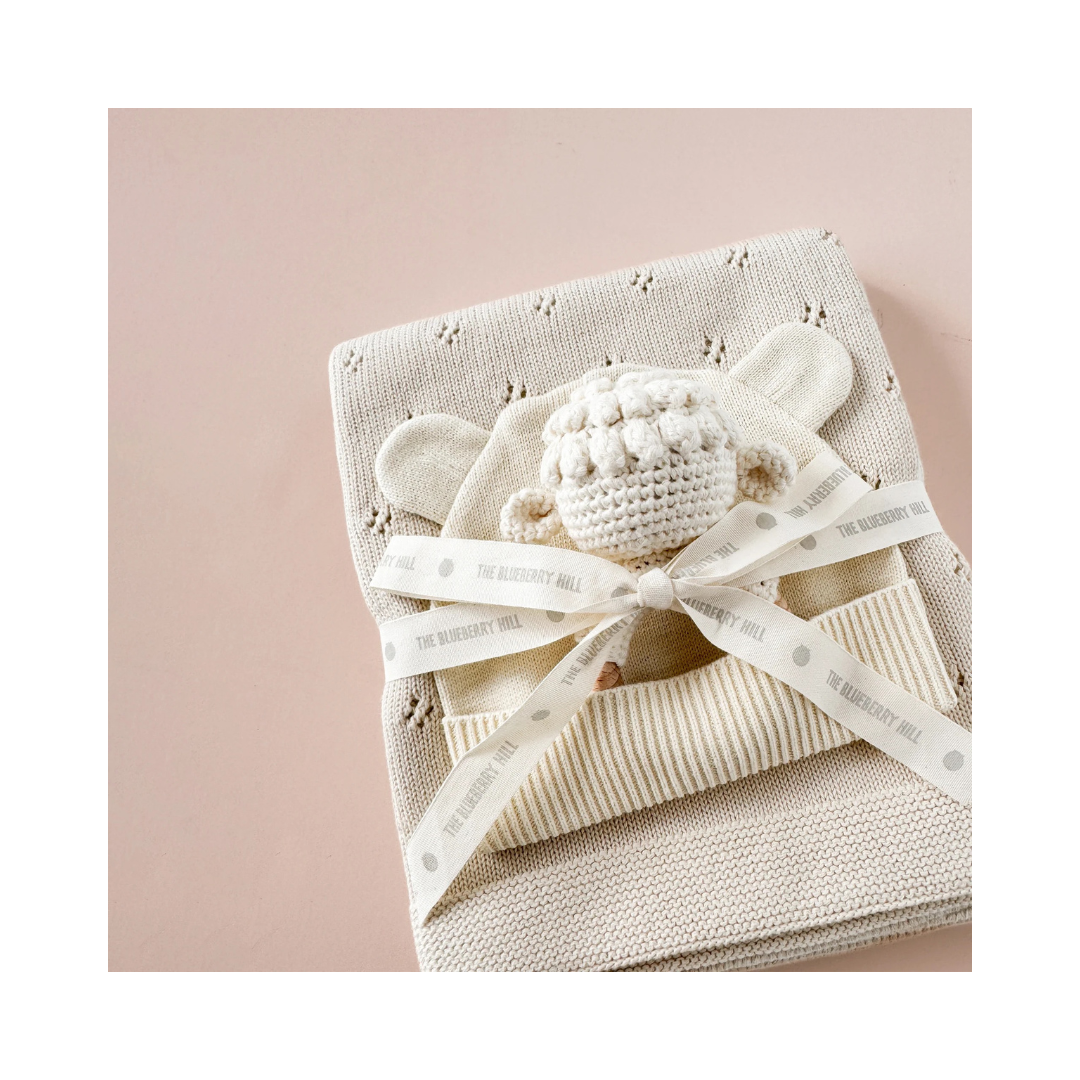 Pique Blanket, Hat & Lamb Rattle  Gift Cream