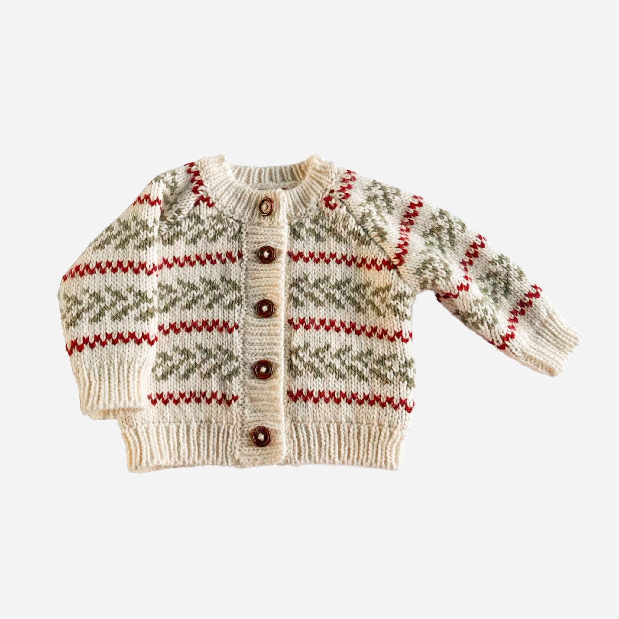 Evergreen Cardigan Christmas Red Green Pine Stripe Holiday: Cream / S 12-24m