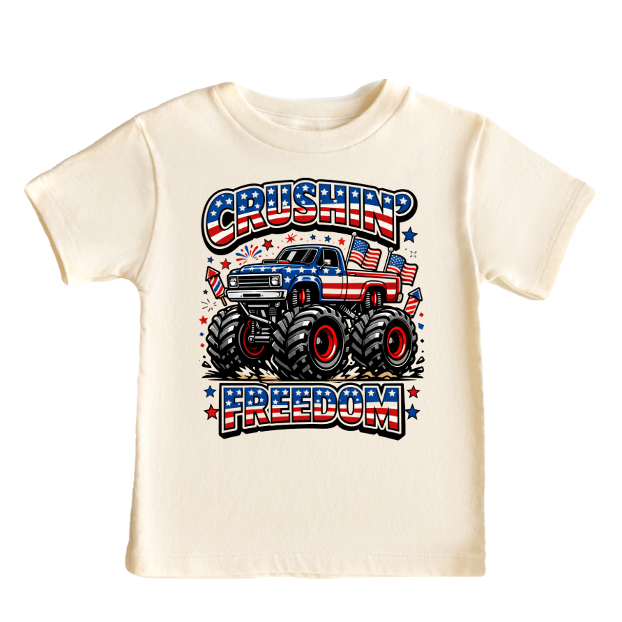 Crushin Freedom 4th of July Monster Truck Boys Tee Shirt  : Silver / 3T / Short Sleeves