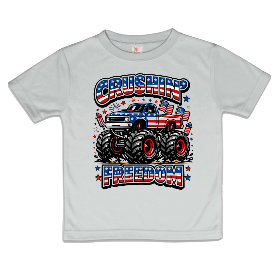 Crushin Freedom 4th of July Monster Truck Boys Tee Shirt  : Silver / 4T / Short Sleeves