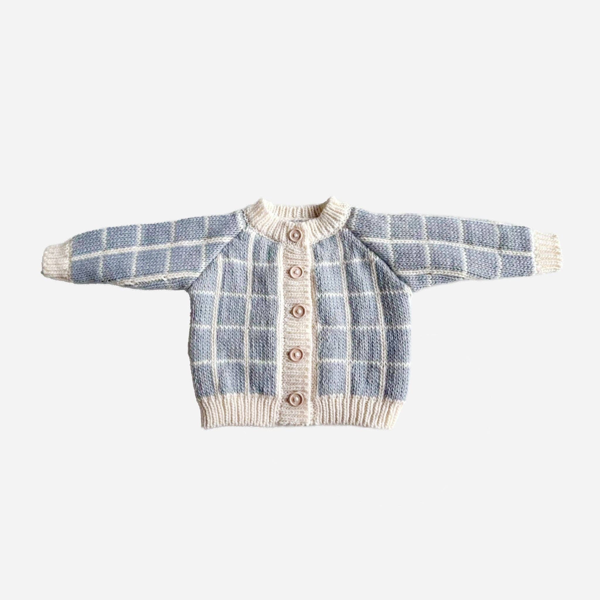 Windowpane Cardigan Baby Blue Boy Cream Checkered Sweater: Blue / XS 6-12m