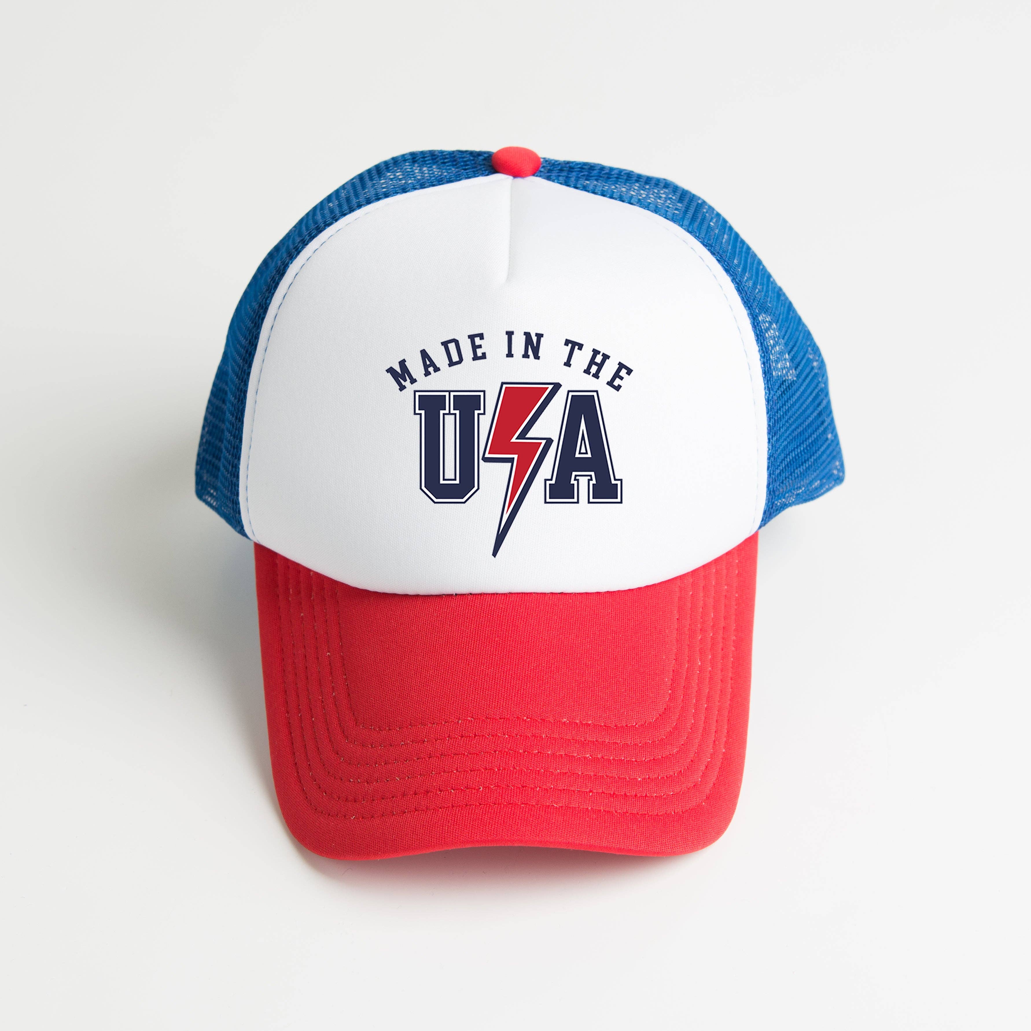 USA Lightning Bolt | Foam Trucker Hat: White/Navy / Multi Color Ink