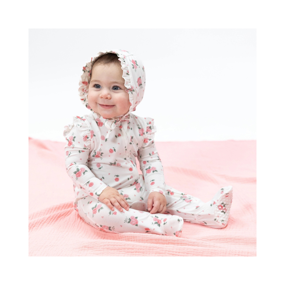 Pink Rosettes - 2 Way Ruffle Sleeve Zipper Footie