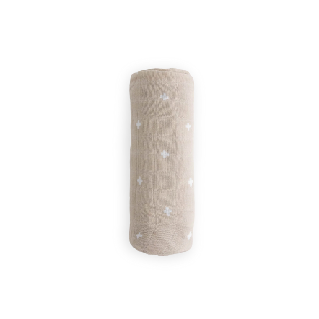 Cotton Muslin Swaddle Taupe Cross