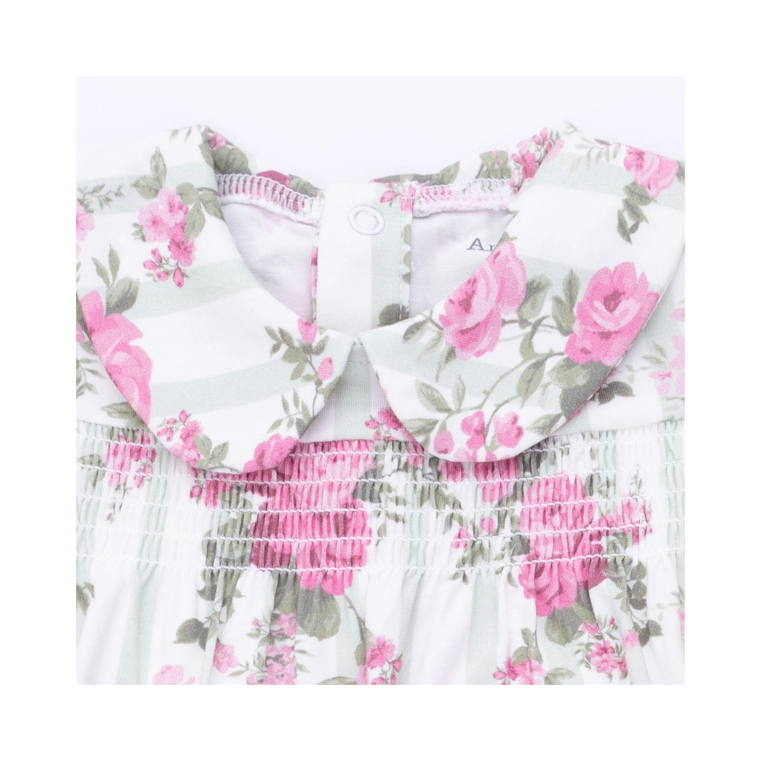 Cabbage Rose Stripe Smocked Peter Pan Snap Footie