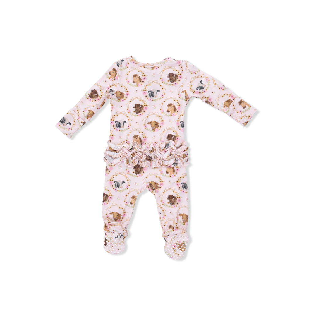 Farm Animals Floral Cameos Pink 2 Way Ruffle Back Zipper Footie