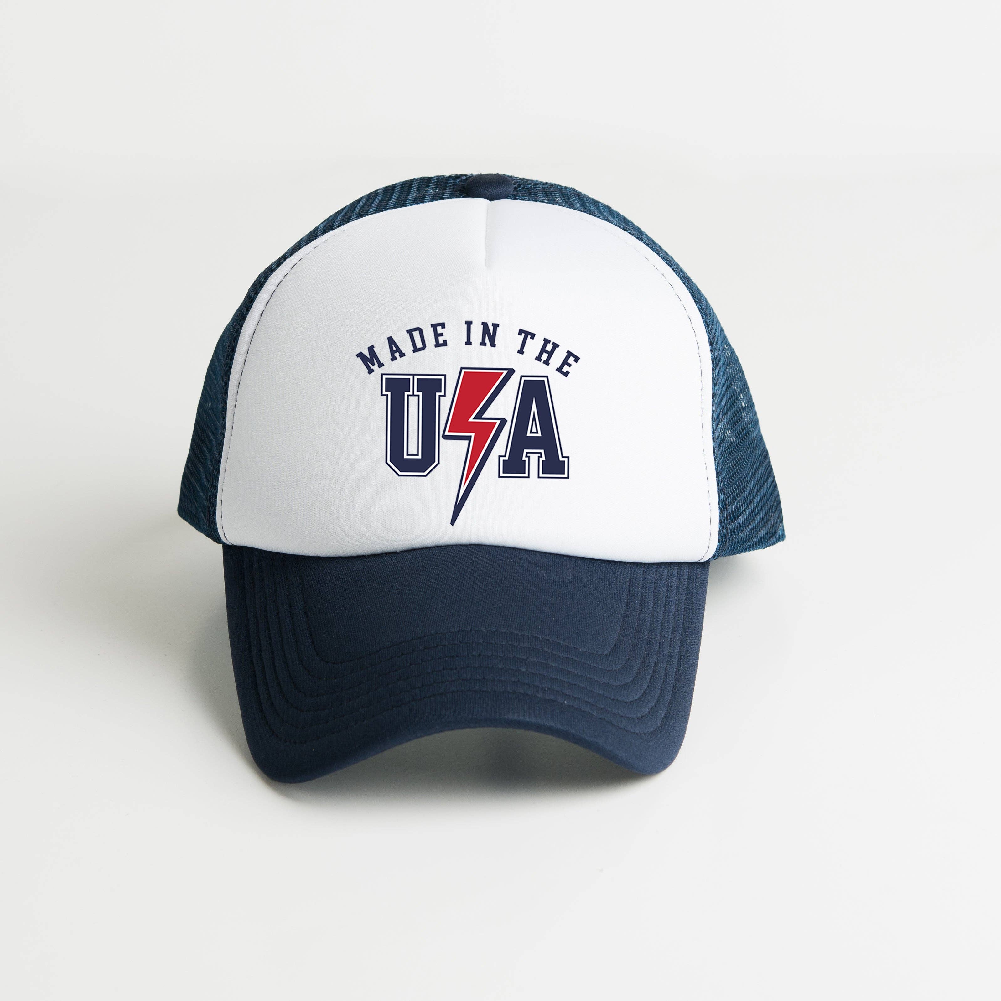 USA Lightning Bolt | Foam Trucker Hat: White/Navy / Multi Color Ink