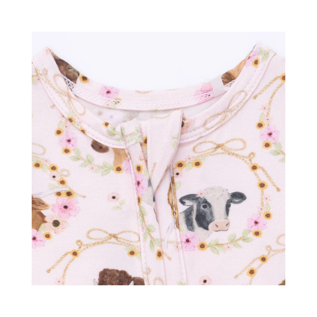 Farm Animals Floral Cameos Pink 2 Way Ruffle Back Zipper Footie