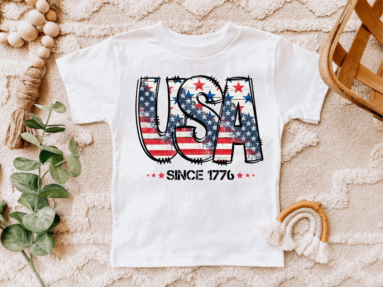 USA Since 1776 4th of July, American Flag Unisex Tee Shirt: White / 2T / Short Sleeves