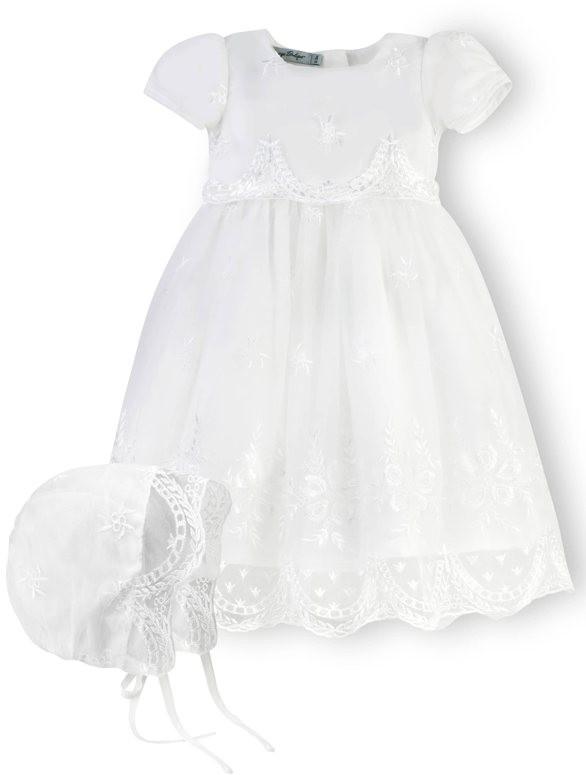 Baby Girls White Princess Lace Gown - with Matching Bonnet: 3-6M