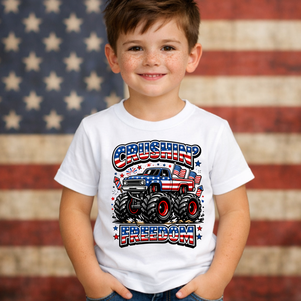 Crushin Freedom 4th of July Monster Truck Boys Tee Shirt  : Silver / 4T / Short Sleeves