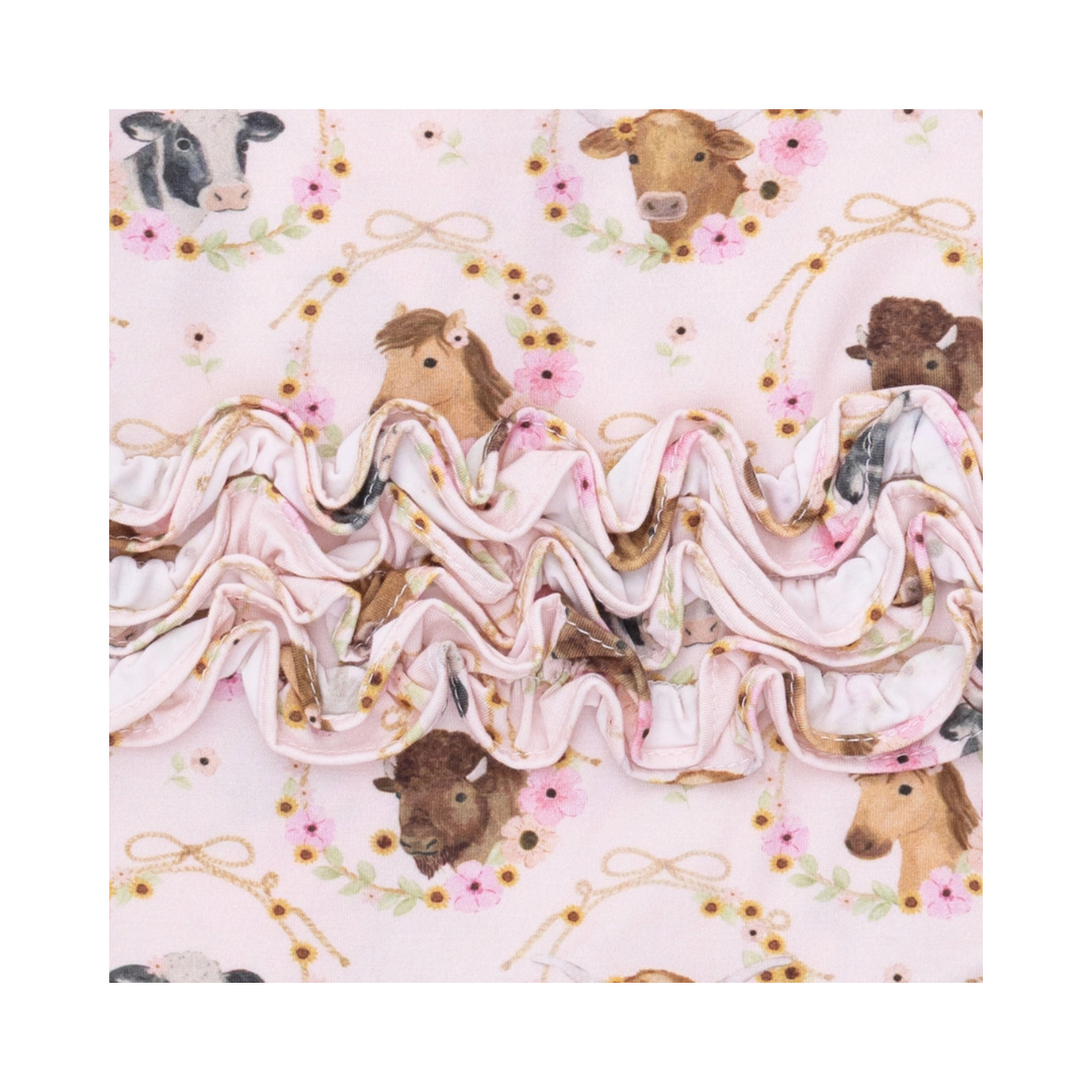 Farm Animals Floral Cameos Pink 2 Way Ruffle Back Zipper Footie