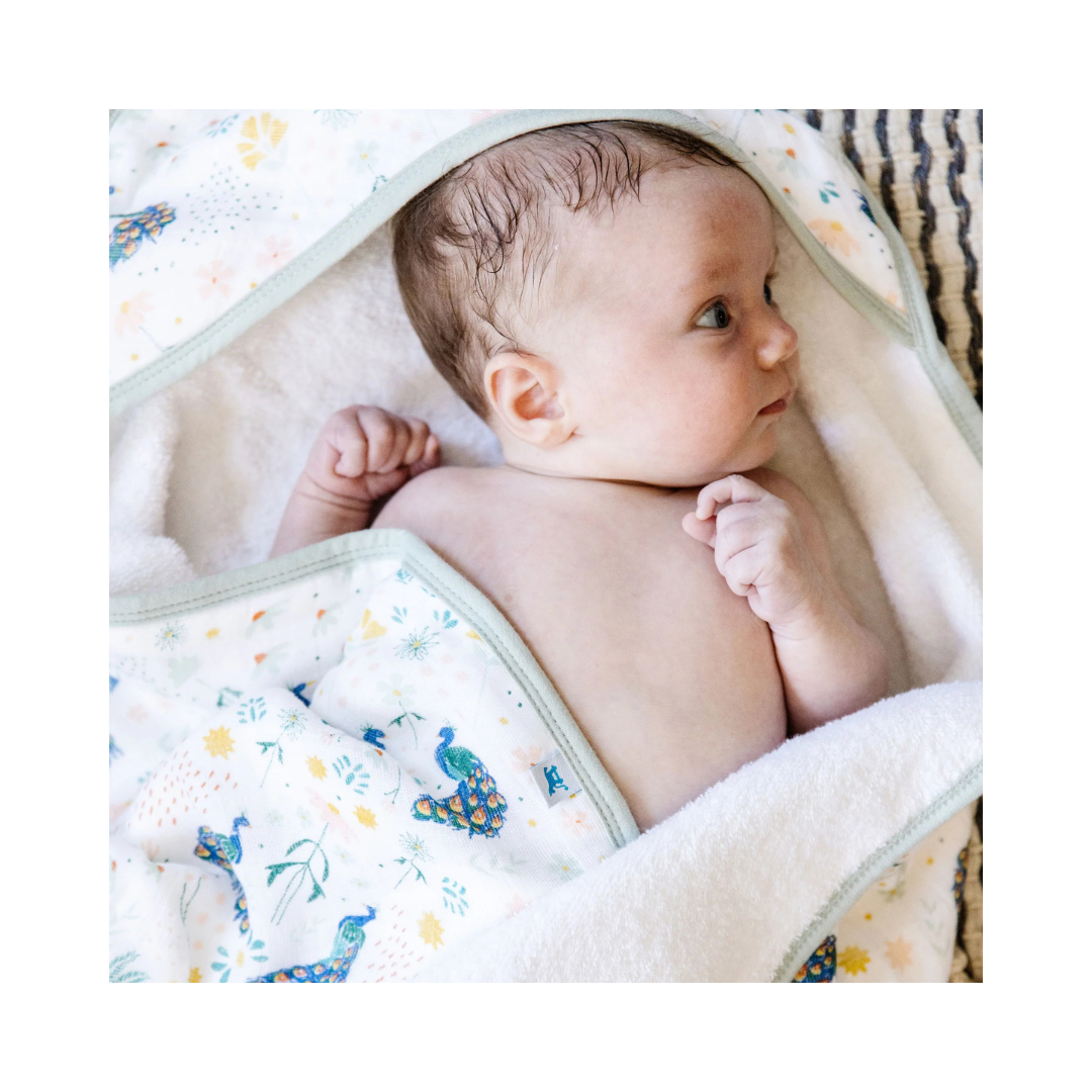 Cotton Muslin Infant Hooded Towel- Peacock
