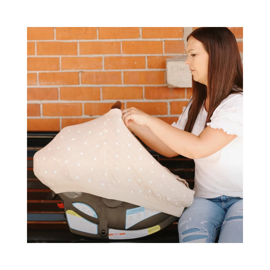 Taupe Cross Cotton Muslin Car Seat Canopy