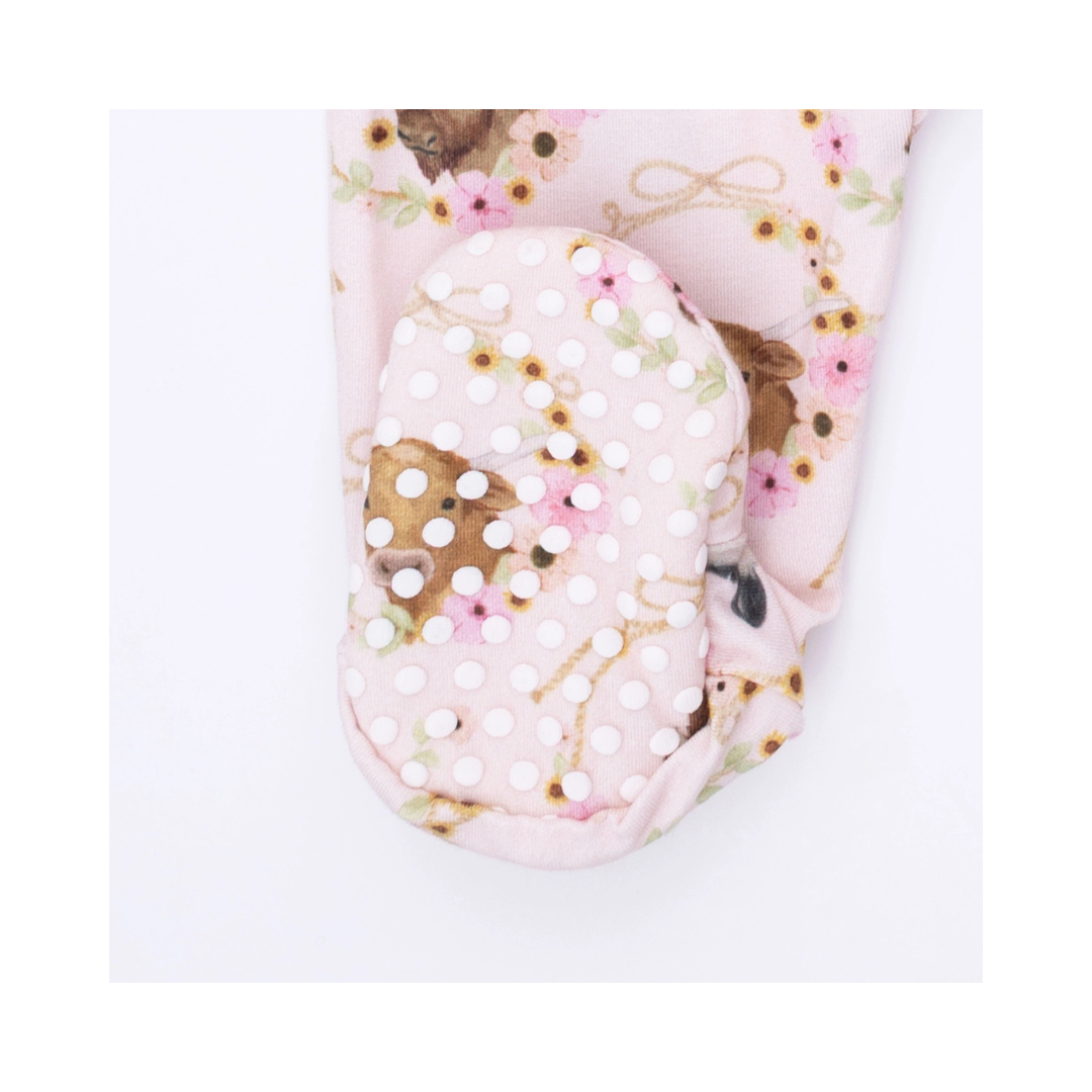 Farm Animals Floral Cameos Pink 2 Way Ruffle Back Zipper Footie
