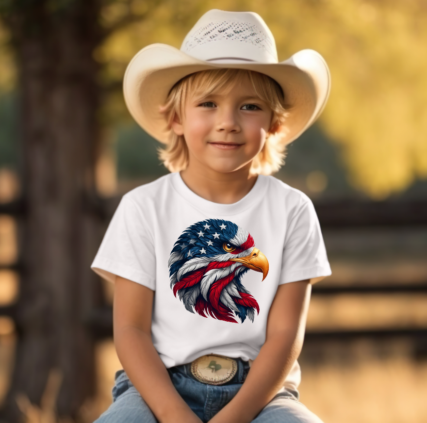 Bald Eagle 4th of July, American Flag Kids Tee Shirt: Silver / S / Short Sleeves