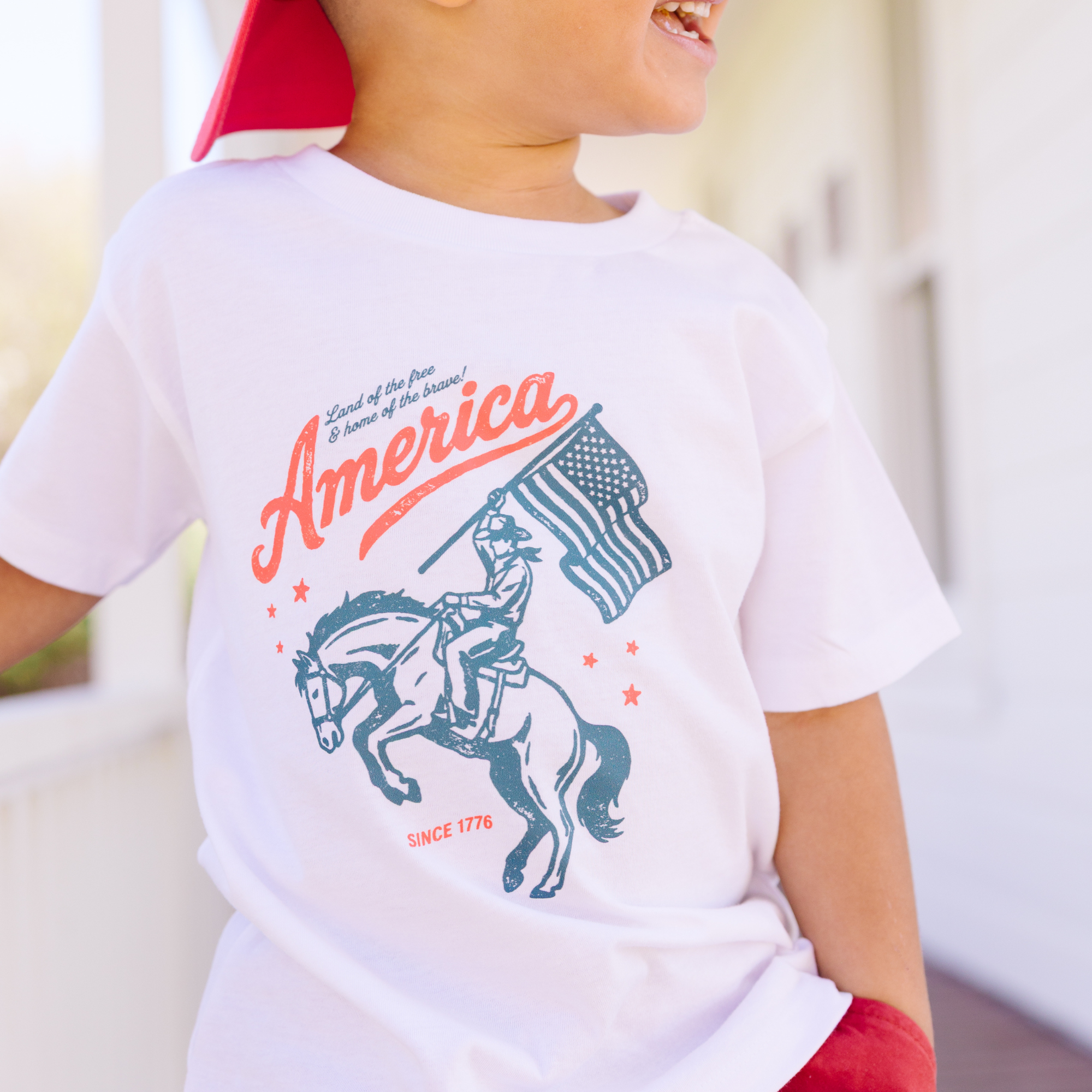 American Cowboy 1776 Flag Boy Freedom 4th  of July Shirt : Natural / Youth Med