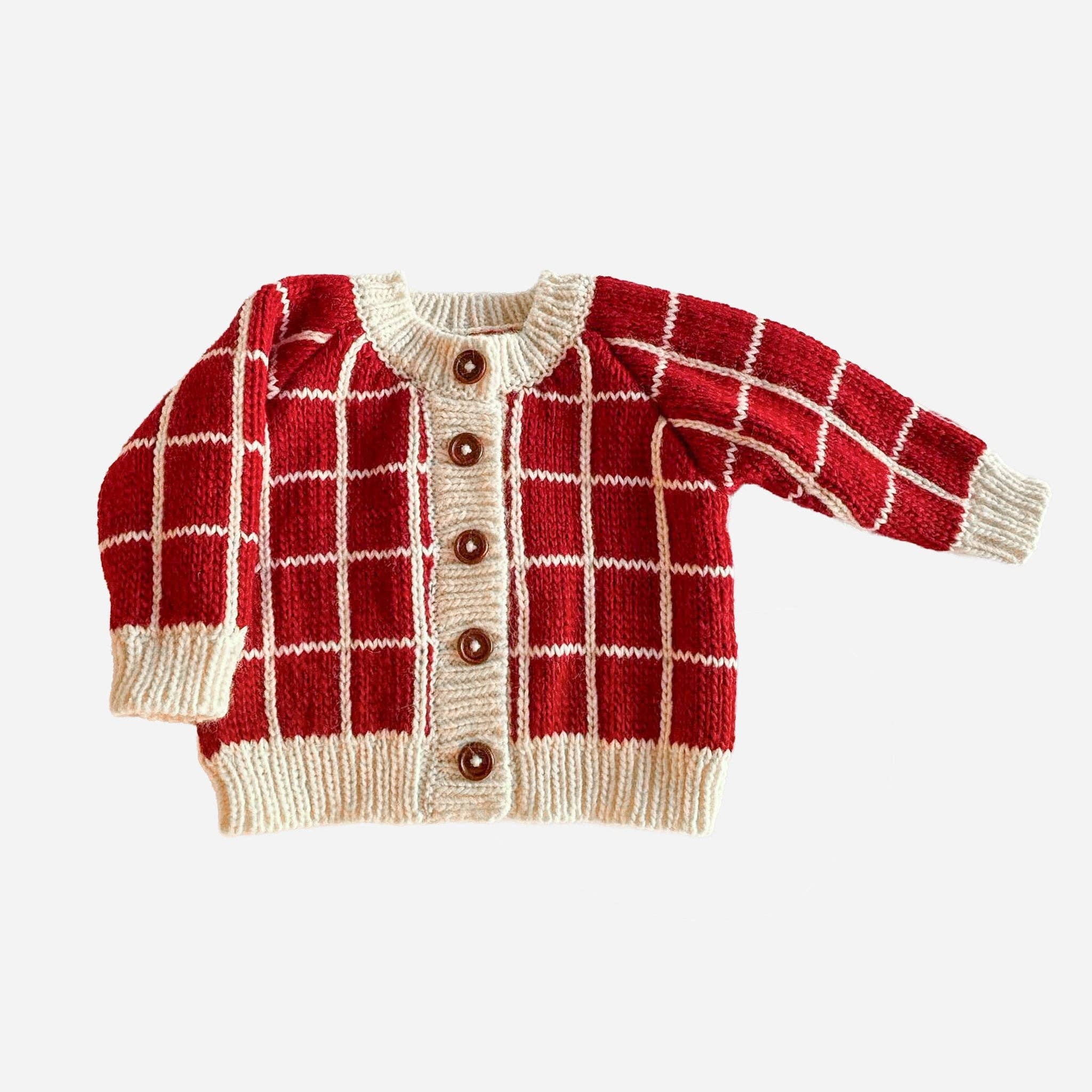 Windowpane Cardigan Red Cream Checkered Christmas Valentines: Red / XS 6-12m