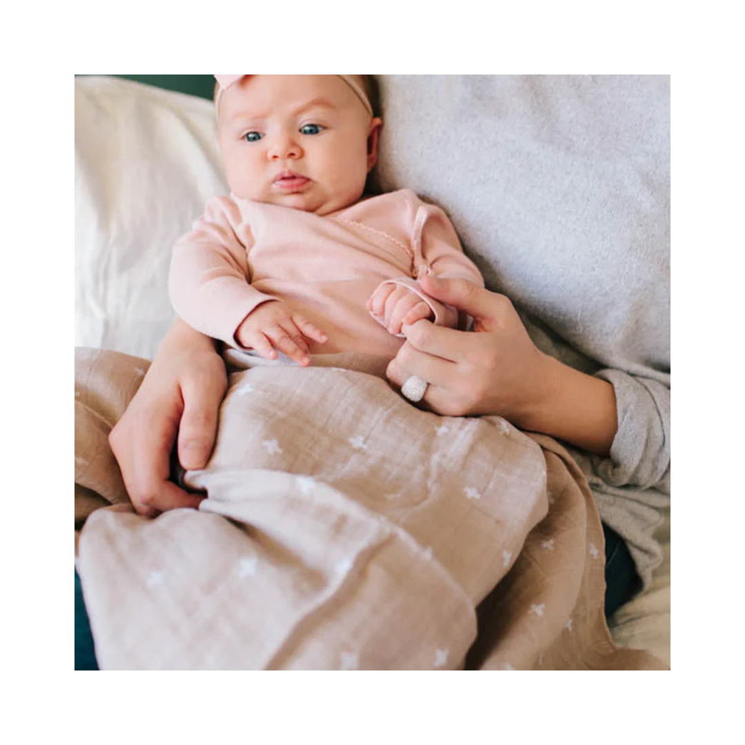 Cotton Muslin Swaddle Taupe Cross
