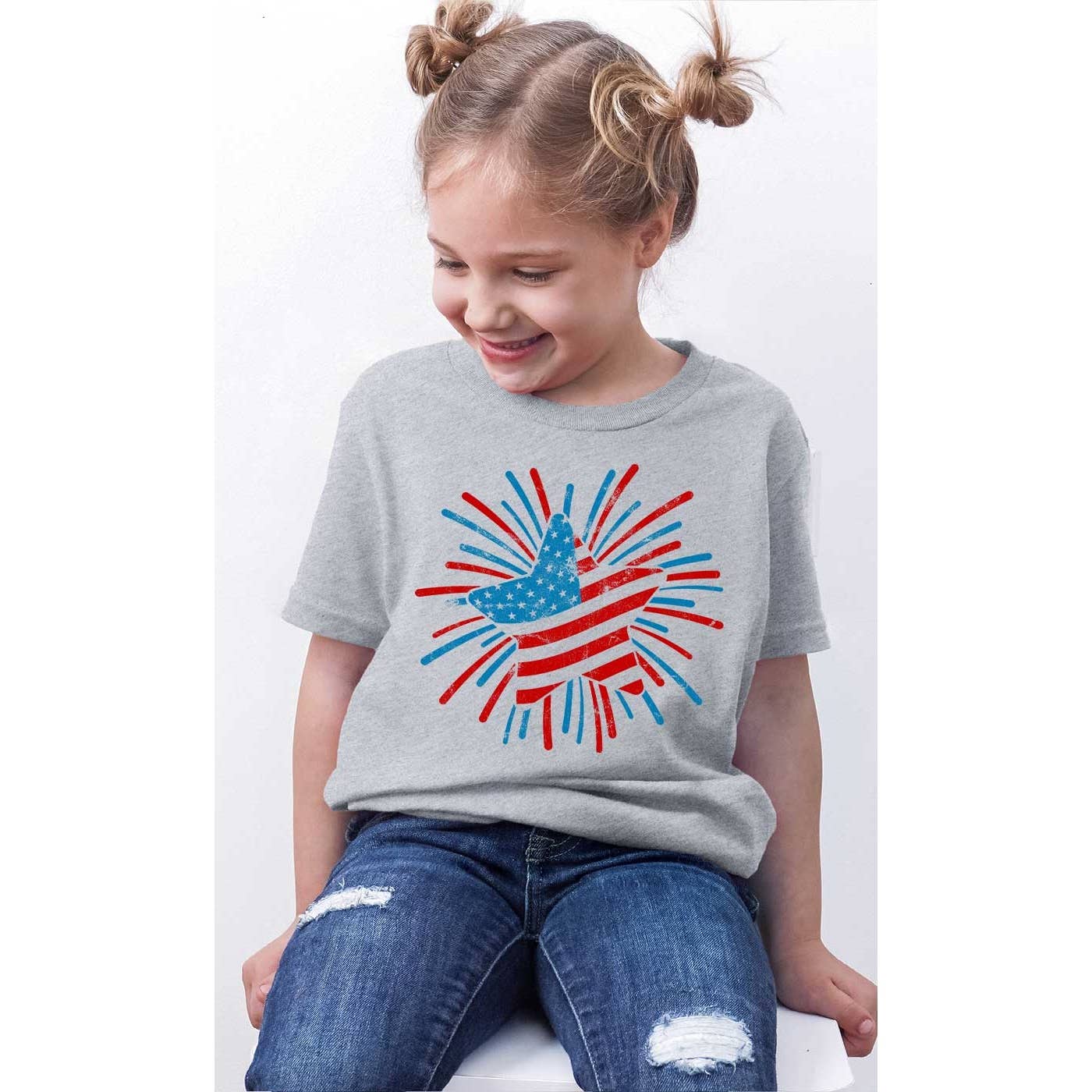 Patriotic 4th of July Firework Star Kids Graphic Tee: White / YM