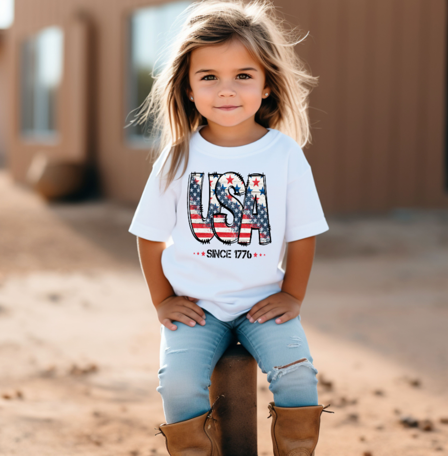 USA Since 1776 4th of July, American Flag Unisex Tee Shirt: White / 12-18 Month Tee / Short Sleeves