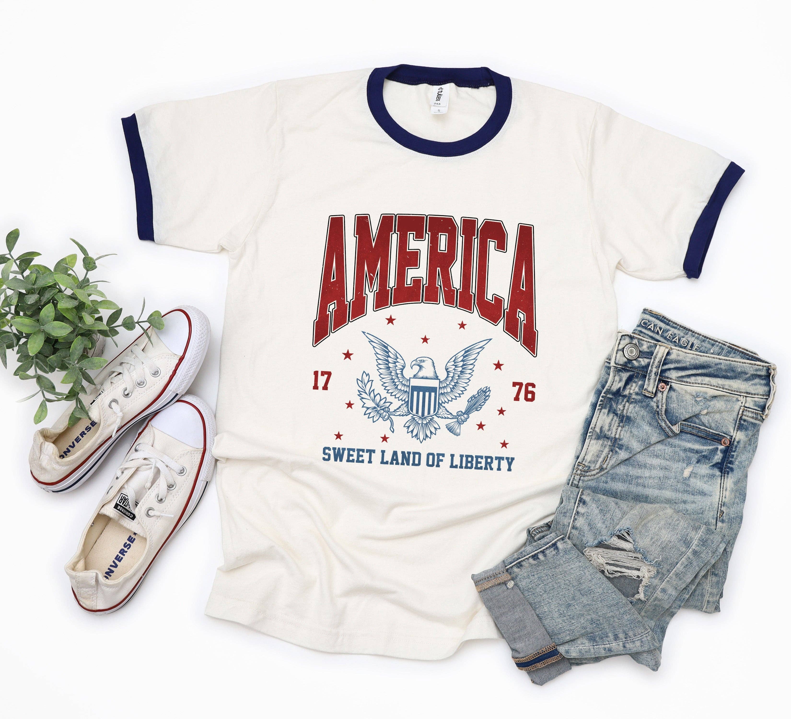 America Land Of Liberty Eagle | Ringer Tee: Vintage Navy / Multi Ink / XL