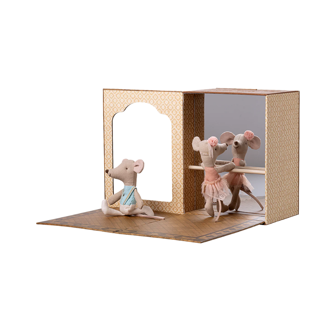 Maileg Little Sister and Little Brother Ballet Mice in Dance Studio. 