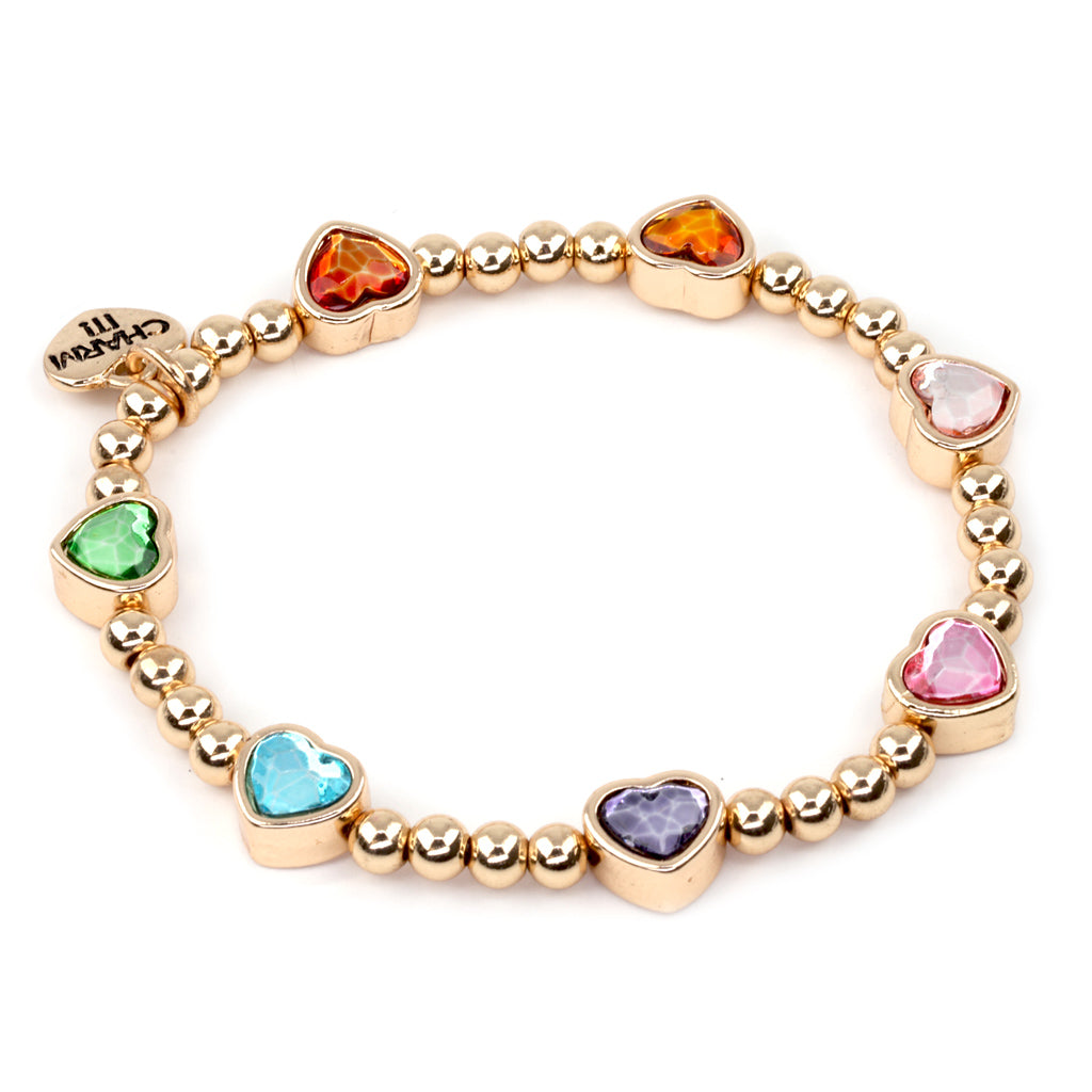 Gold Sparkle Rainbow Heart stretch Bead Bracelet Charm It