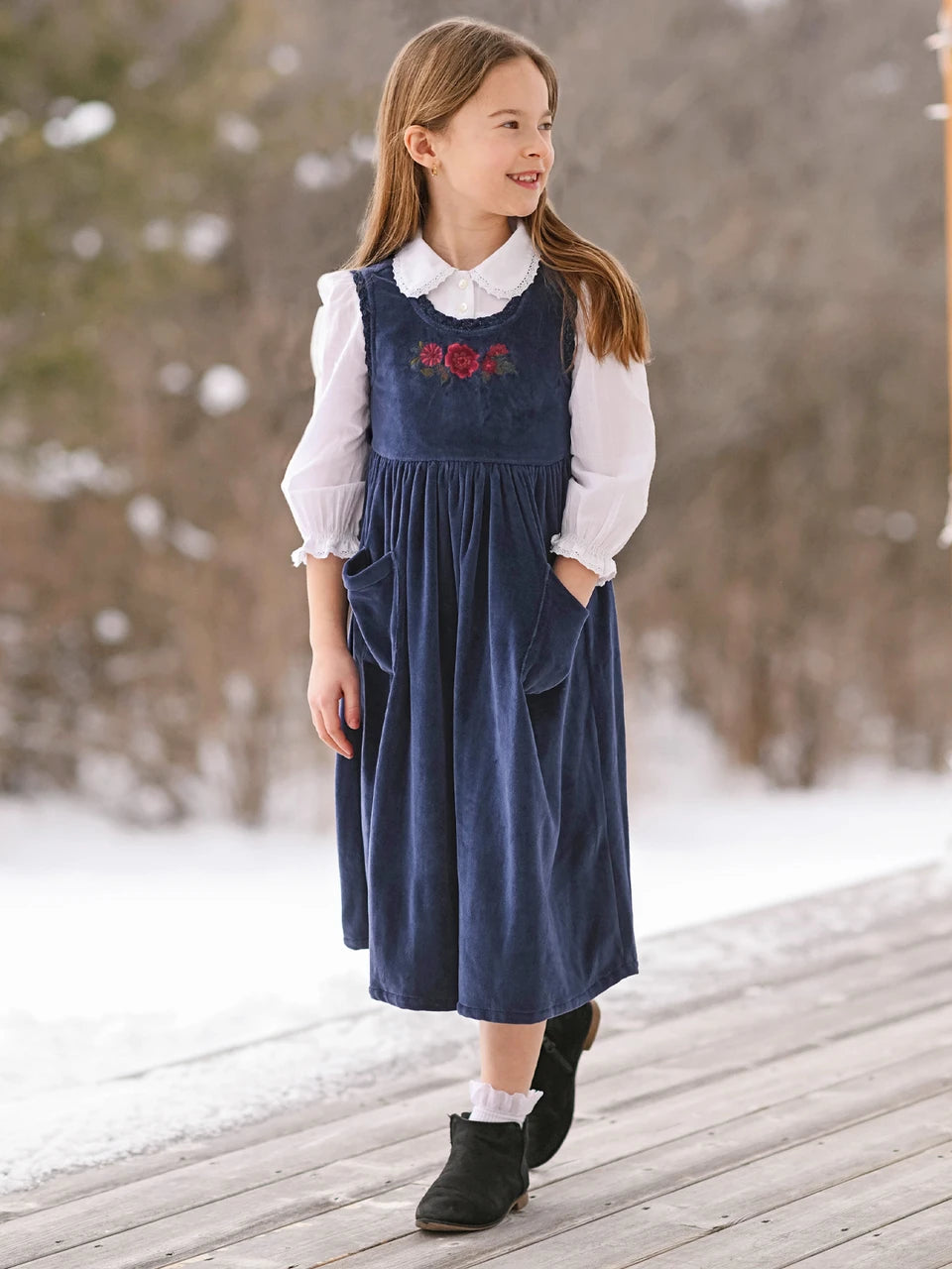 Navy Folksong Velour Dress